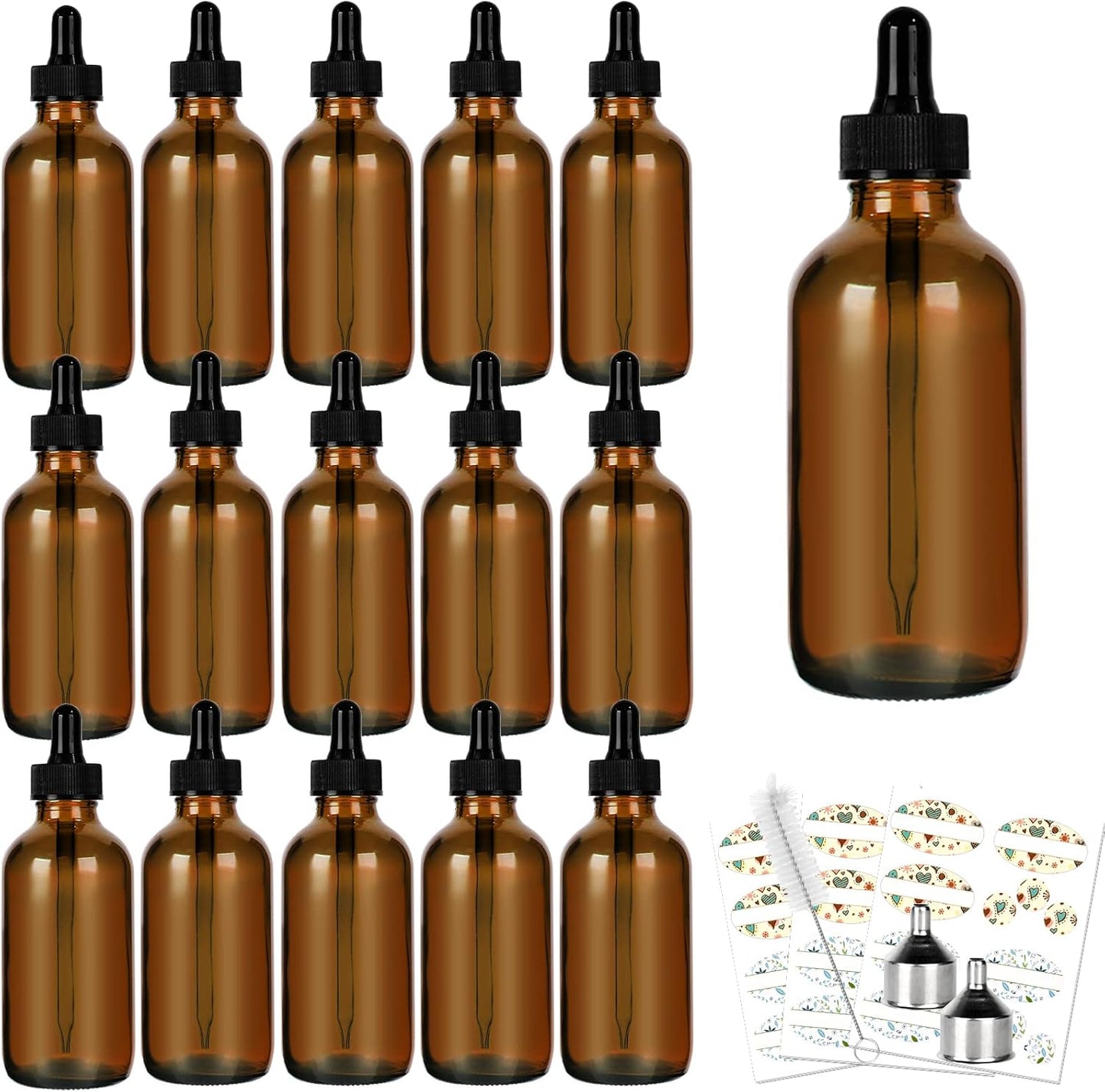 CycleMore 16 Pack (120 ml) 4 oz Amber Glass Boston Bottles with Glass Eye Droppers, Dropper Bottles for Essential Oils & Lab Chemicals & More Liquids Ideal for Mom & Friends