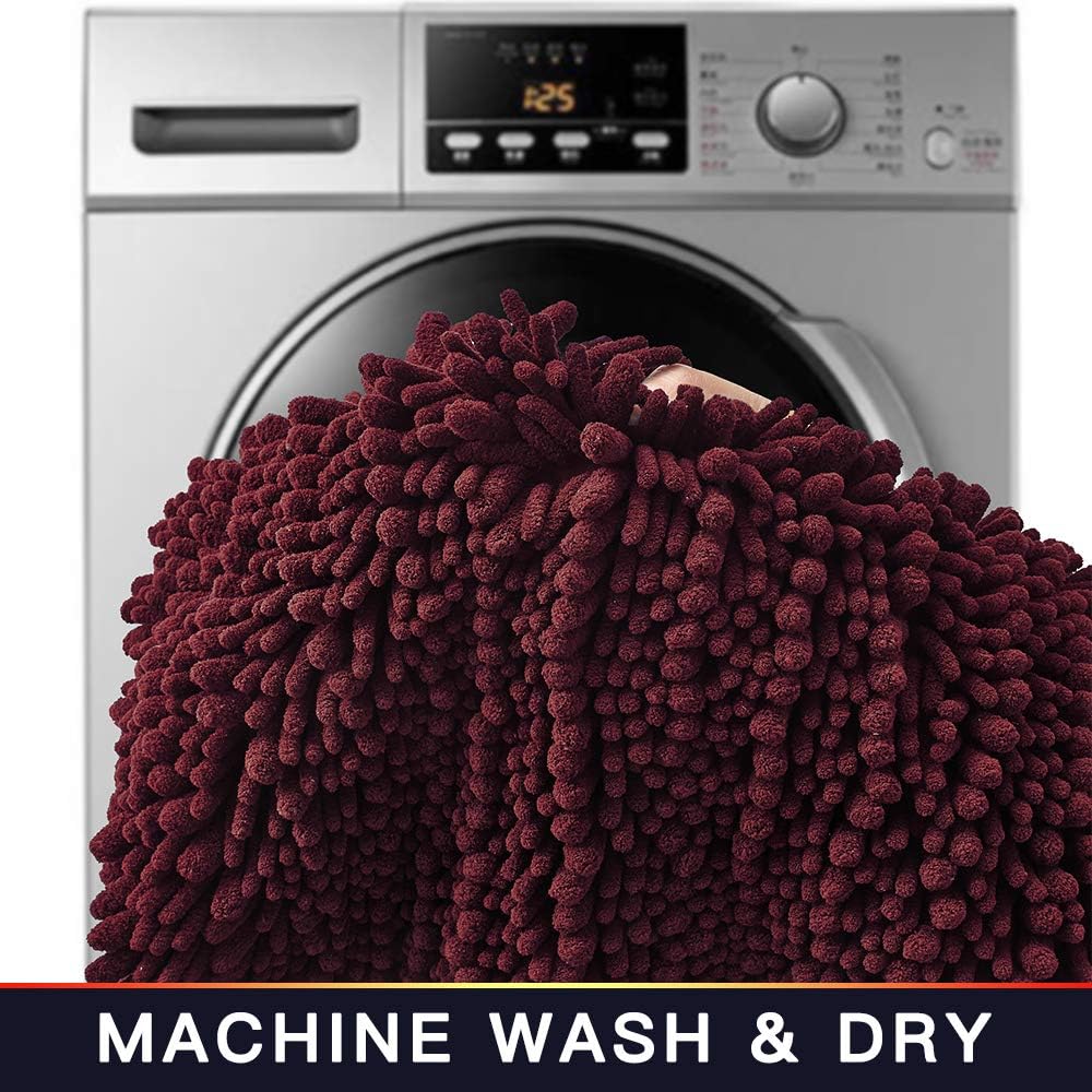 Walensee Bathroom Rug Non Slip Bath Mat (32x20 Inch Burgundy) Water Absorbent Super Soft Shaggy Chenille Machine Washable Dry Extra Thick Perfect Absorbant Best Large Plush Carpet for Shower Floor