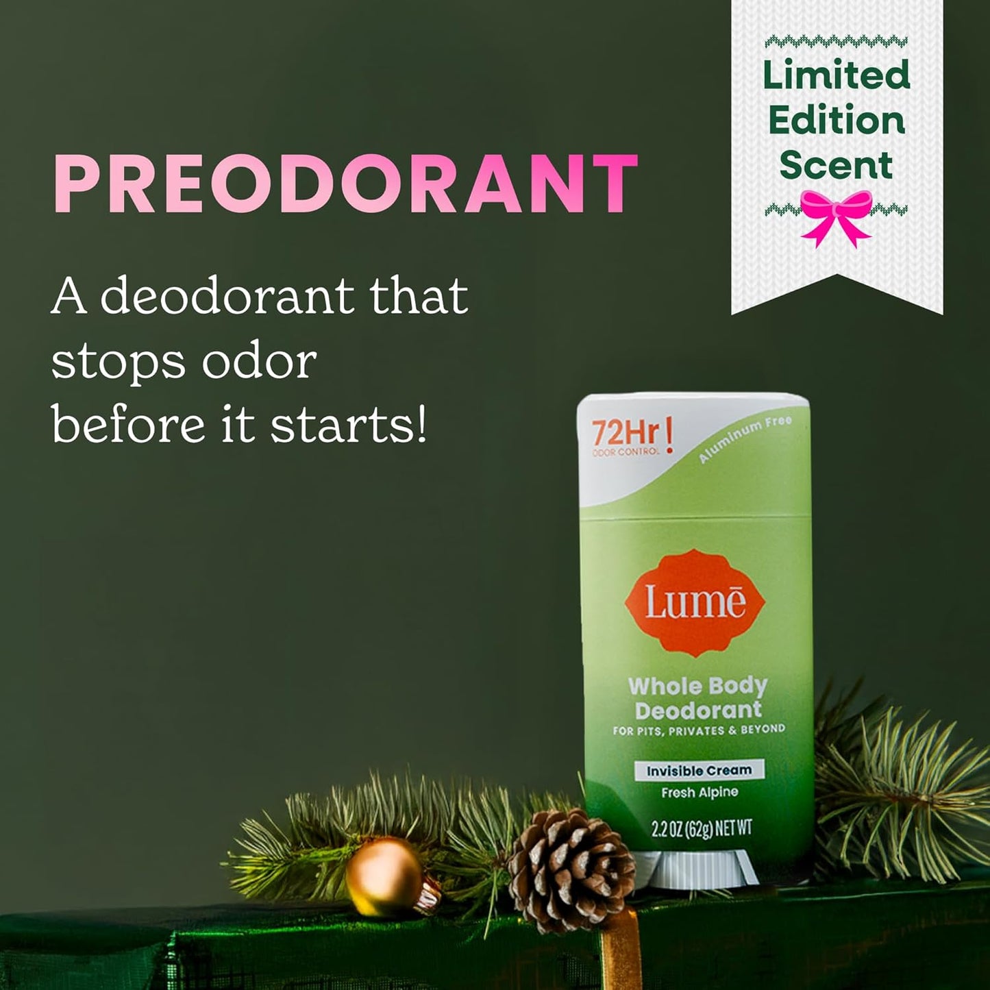 Lume Whole Body Deodorant - Invisible Cream Stick - 72 Hour Odor Control - Aluminum Free, Baking Soda Free, Skin Safe - 2.2 Ounce (Pack of 2) (Fresh Alpine)