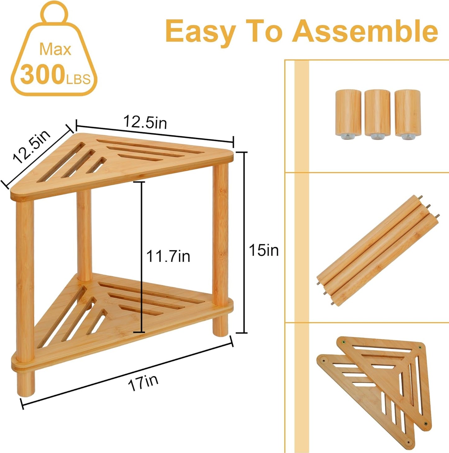 Bamboo Corner Shower Stool for Inside Shower Shaving Legs, Waterproof Bathroom Bench Seat with Storage Shelf for Small Spaces, Foot Rest, Bath Seat