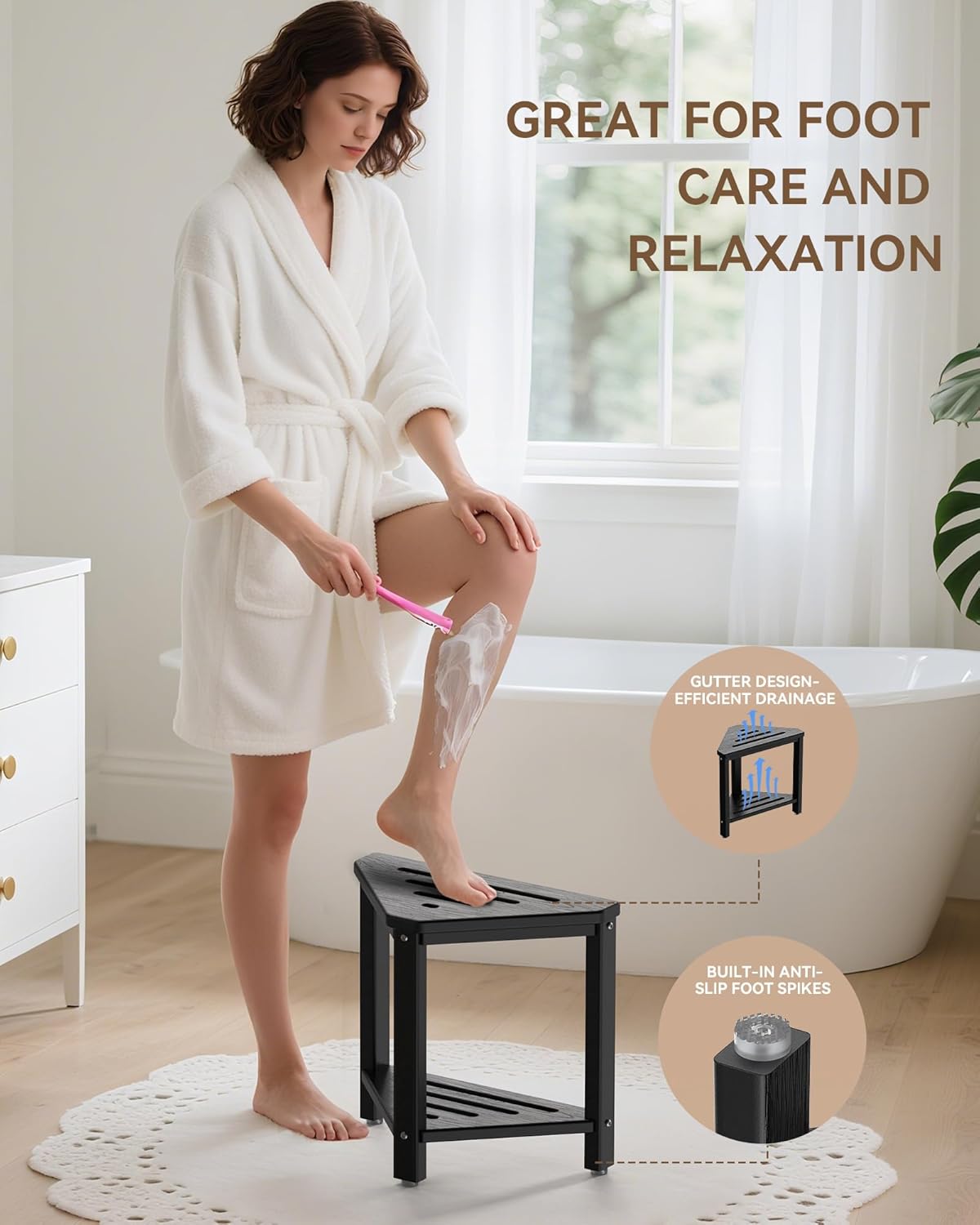 Shower Foot Rest 15in, HDPE Waterproof Shower Stool for Inside Shower, Corner Shower Stool for Shaving Legs with Storage Shelf for Small Space, Shower Step Stool, Plastic Corner Shower Bench, Black