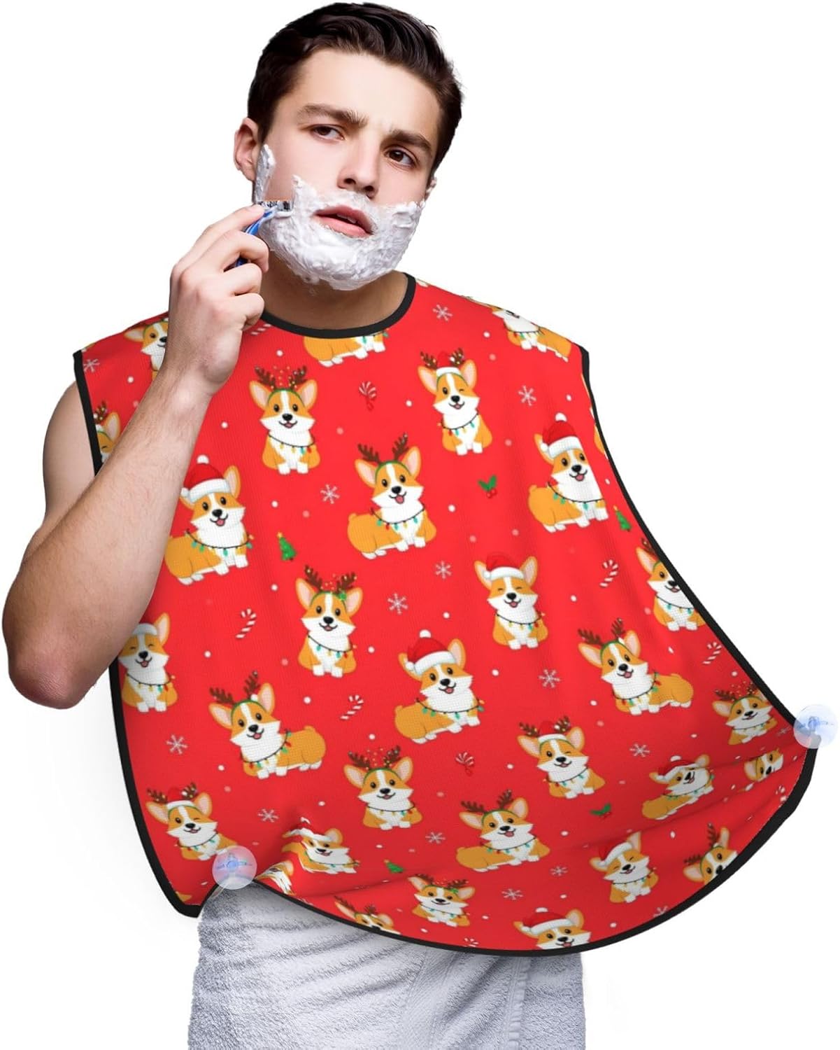 Beard Hair Catcher for Men, Waterproof Shaving Bib Apron Non-Stick, Trimming Tool for Dad Husband, Christmas Corgi Dogs Red Shave Bib