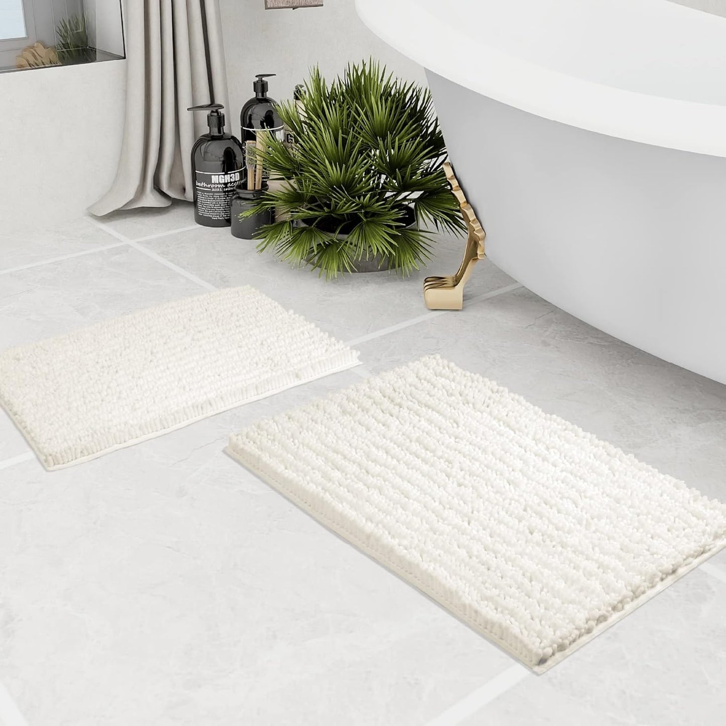 Walensee Bathroom Rug 2 Pieces Set Non Slip Bath Mat (17x24 Plus 20x32 Inch Ivory) Water Absorbent Super Soft Shaggy Chenille Machine Washable Dry Extra Thick Perfect Carpet for Shower Floor