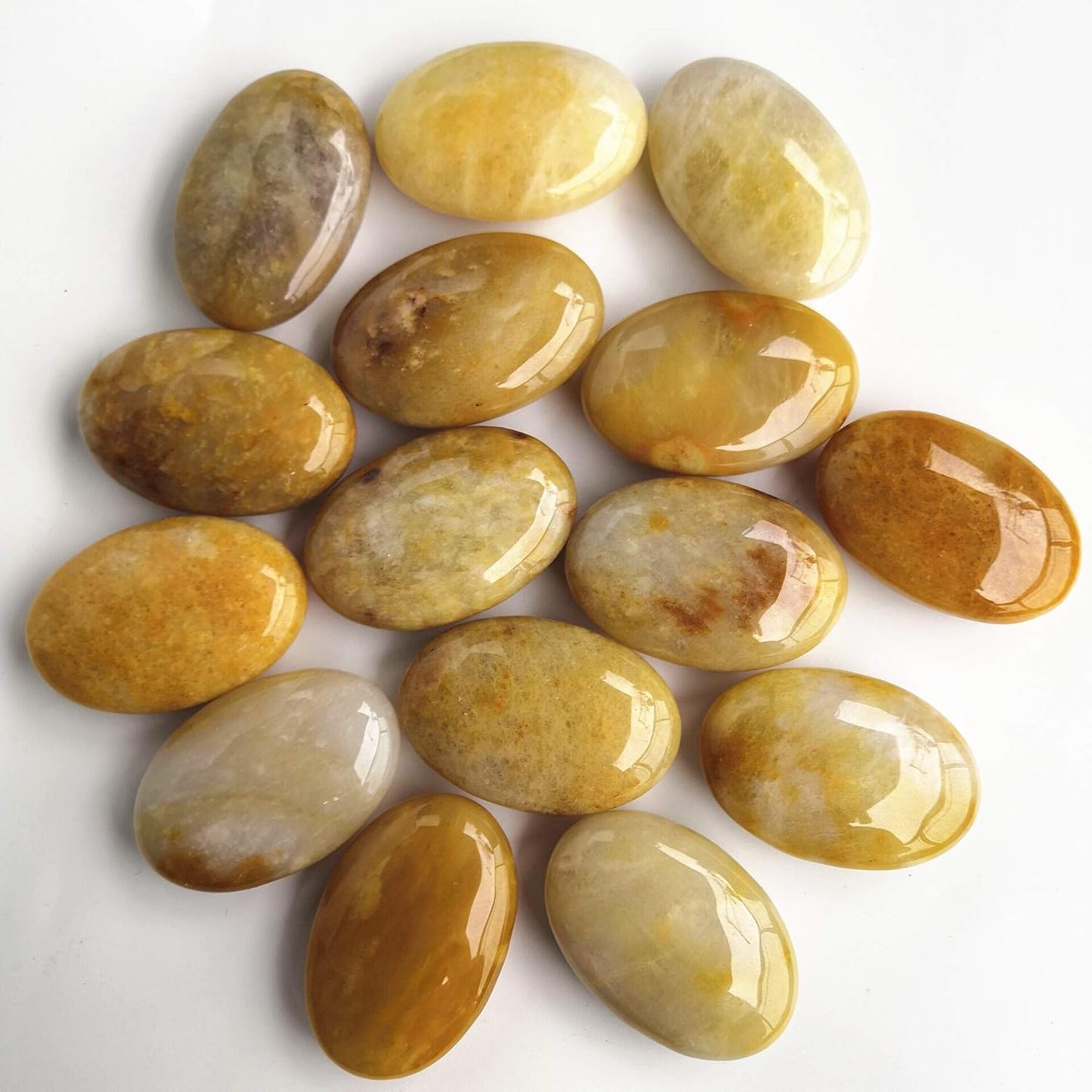 LoveliomeIce Natural Yellow Jade Oval Polished Worry Stones, Healing Crystal Indoor Fountain Stones Massage Energy Anxiety Relief Items