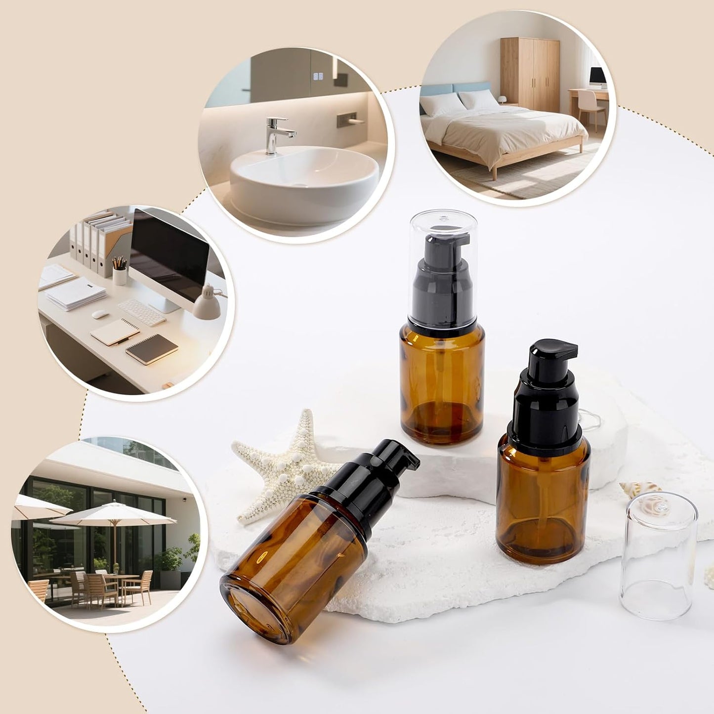 Segbeauty 1oz Frosted Empty Glass Pump Bottle Dispensers, 3 Pack 30ml Travel Size Pump Bottles, Reusable Lotion Container Foundation Bottle for Travel, Refillable Cosmetic Containers for Women Amber