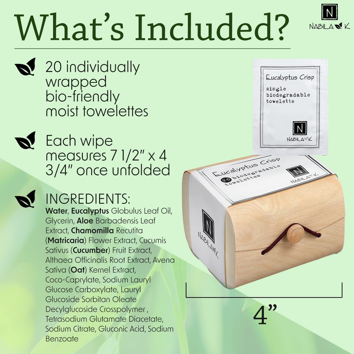 Eucalyptus Crisp Scented Moist Towelettes Single Use by Nabila K - Alcohol-Free, Plant-Based with Natural Ingredients - Individually Wrapped Disposable Travel Size Wipes with Bamboo Case - 20 Count