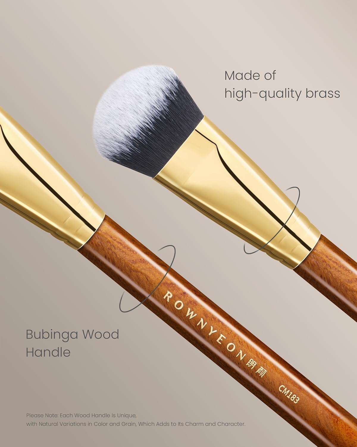 Desert Oak Series Cream Cheek Duo Brush Set - CM 182 Precision Highlighter & CM 183 Angled Blush Brush for Cream/Liquid Products, Bubinga Handle & Brass Ferrule