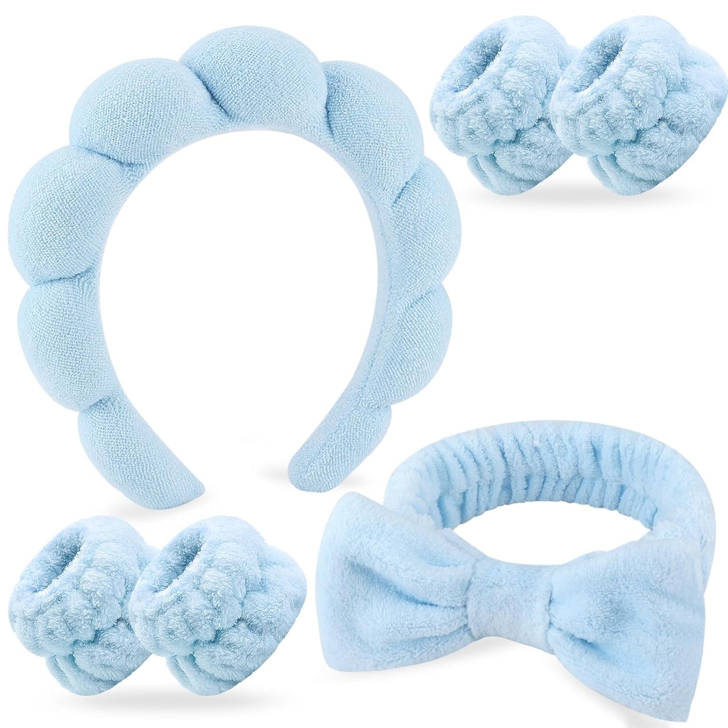 Zkptops 6Pcs Spa Headband for Washing Face Wristbands Set Women Bubble Skincare Makeup Sponge Blue Terry Cloth Padded Puffy Headband Bow Tie Hairband Cute Non Slip Thick Hair Accessory Gifts