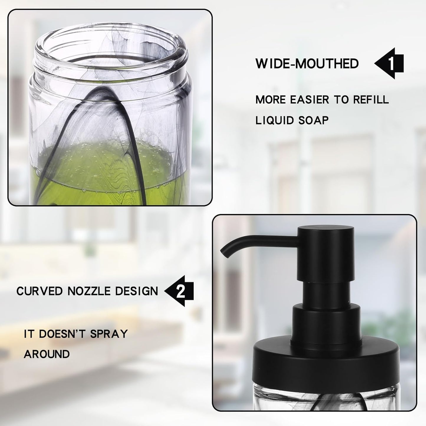 2-Pack Glass Soap Dispenser Set, 12.5 Oz Black Moire Pattern, Wide Mouth Easy Refill, Lead-Free Thick Glass Bottle with Matte Black Pump for Kitchen, Bathroom Sink Decor