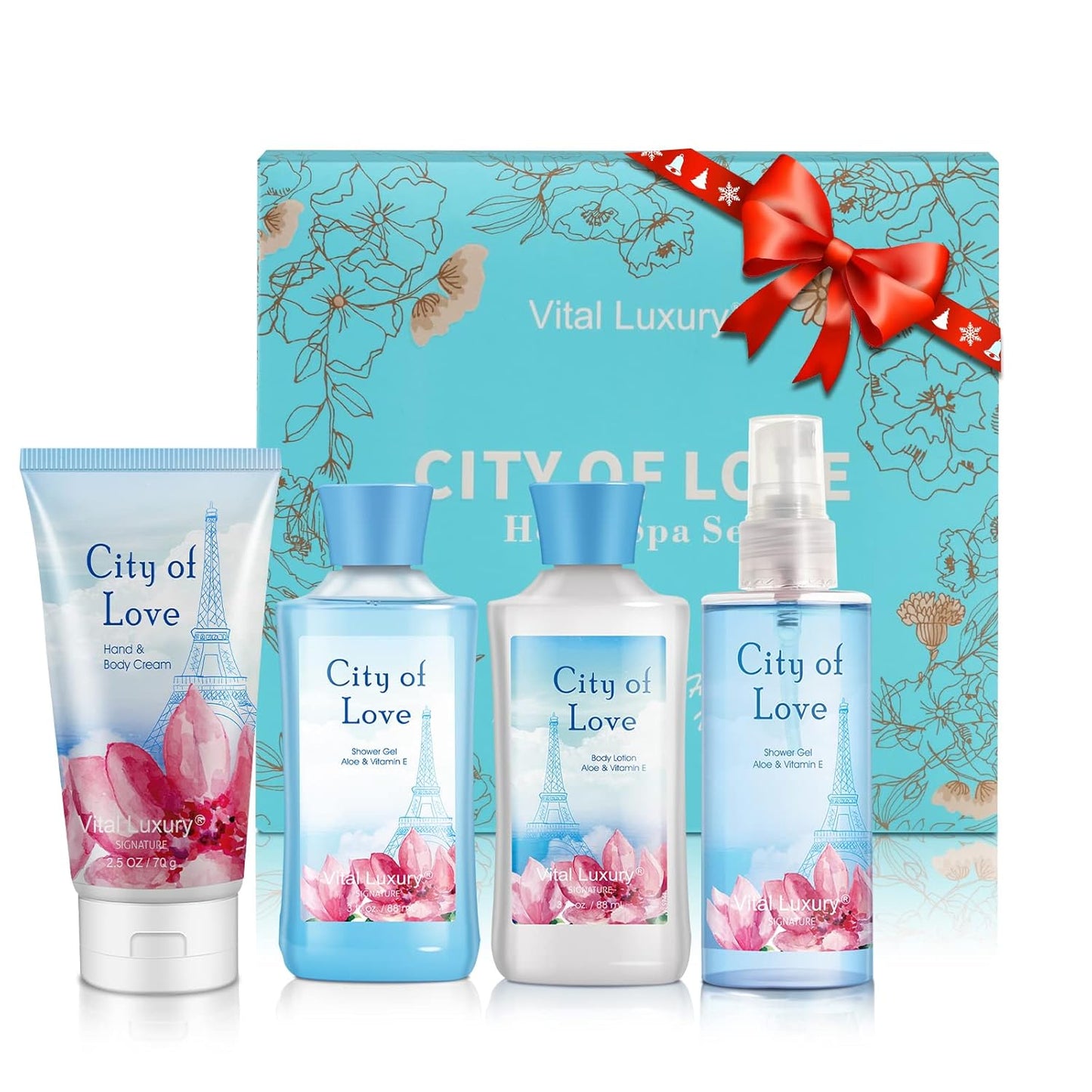 Bath & Body Kit, 3 Fl Oz, Ideal Skincare Gift Home Spa Set, Includes Body Lotion, Shower Gel, Body Cream, and Fragrance Mist, Birthday Mother's Valentine's Day Gifts(City of Love)