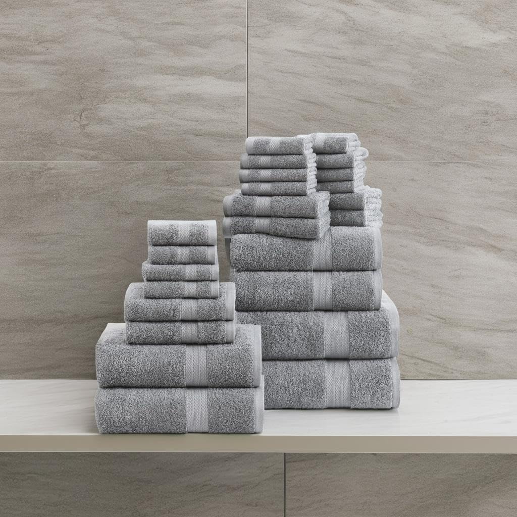 Lane Linen 100% Cotton 24 Pc Bathroom Towel Set - Ring Spun, Quick Dry, Soft & Absorbent - 2 Bath Sheets, 4 Fingertip Towels, 4 Bath, 6 Hand Towels, 8 Washcloths - Hotel Quality Towel Set - Space Grey