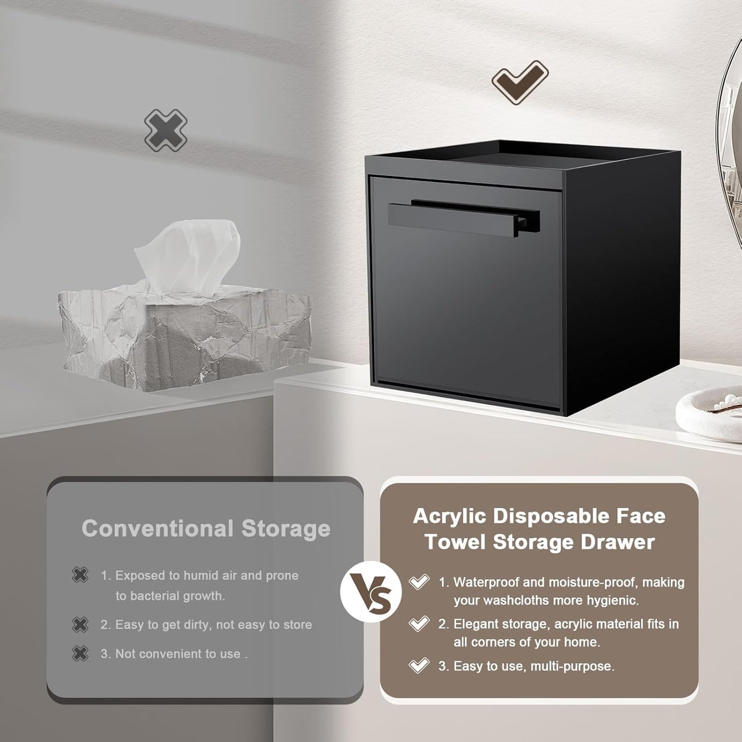 Disposable Face Towel Storage Box Compatible with Clean Skin Club Clean Towel XL Acrylic Cosmetic Organizer Container Box Facial Towels Holder with Drawer Wall-Mounted (Glossy Black)