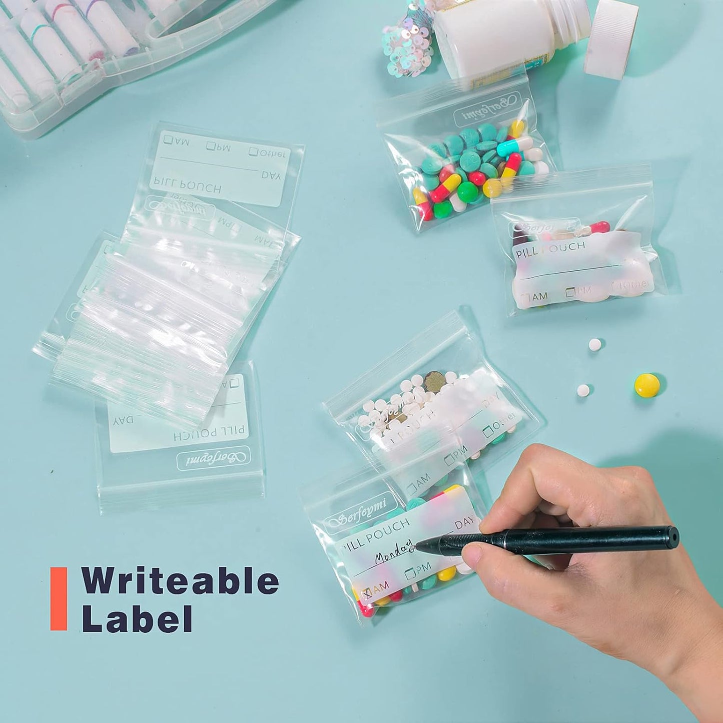 Serfeymi Pill Bags for Travel Pill Pouch Organizer Pack of 240 BPA Free 3 x 2.75 inch Reusable Pill Pouches for Medicine with Write on Label & Zipper Seal Waterproof AM PM Pill Baggies for Supplements