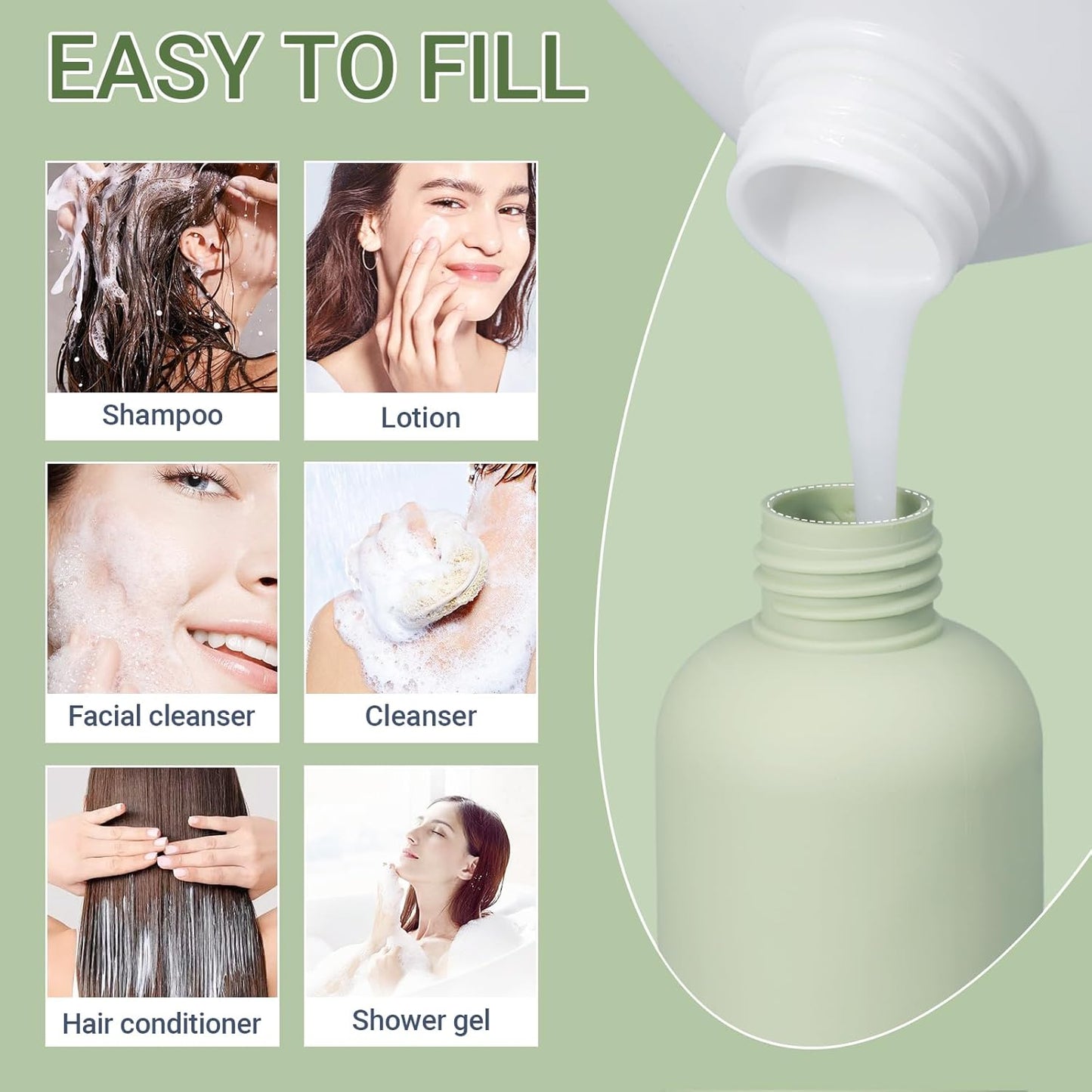 10oz Travel Shampoo Bottle, Empty Plastic Squeeze Bottles with Flip Cap, Lotion Container for Toiletries Travel Size Shampoo and Conditioner (3 pack green)