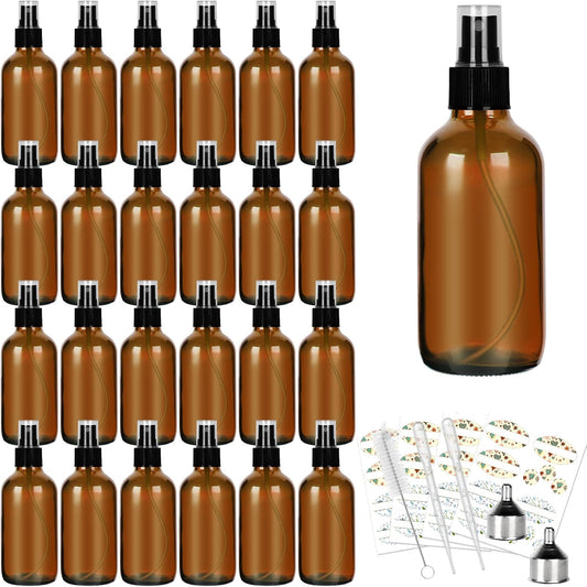 CycleMore 25 Pack 4oz Amber Glass Spray Bottles with Fine Mist Sprayers, Glass Travel Bottles for Cosmetic Essential Oils Cleaning Solutions Perfumes & More Liquids Ideal GIft