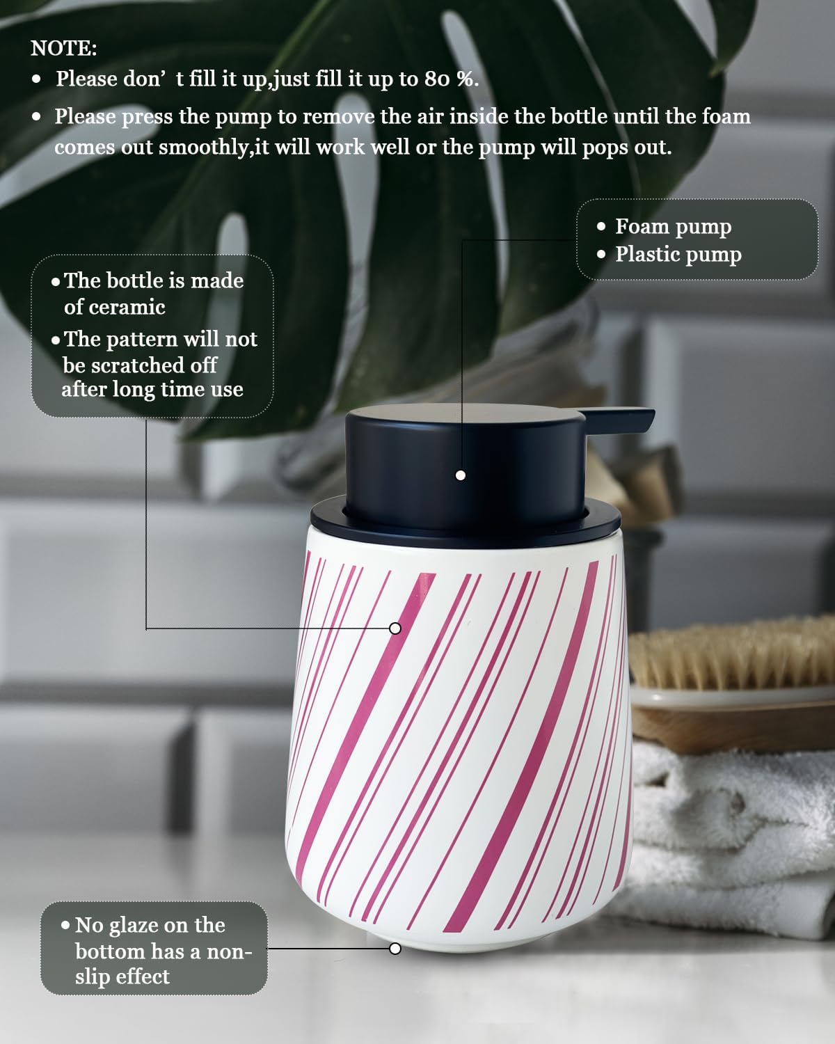 Chic Soap Dispenser Bathroom Ceramic Hand Foam Soap Dispenser for Bathroom Deco 12 Ounce Refillable Liquid Dispenser for Kitchen (RED)