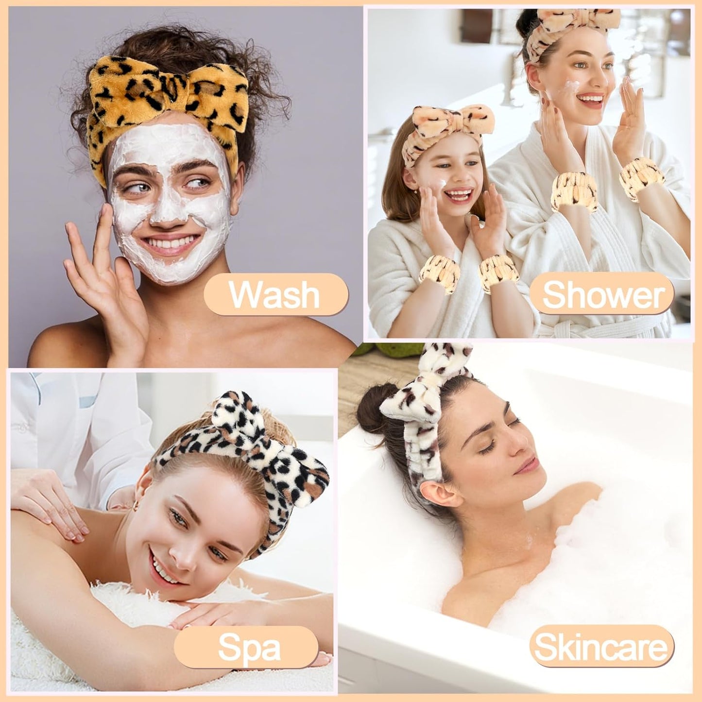 CAVETEE Spa Headband and Wristband Set, Spa & Makeup Fluffy Bow Headband Skincare Hair Band and Wristbands for Face Washing Shower & Yoga