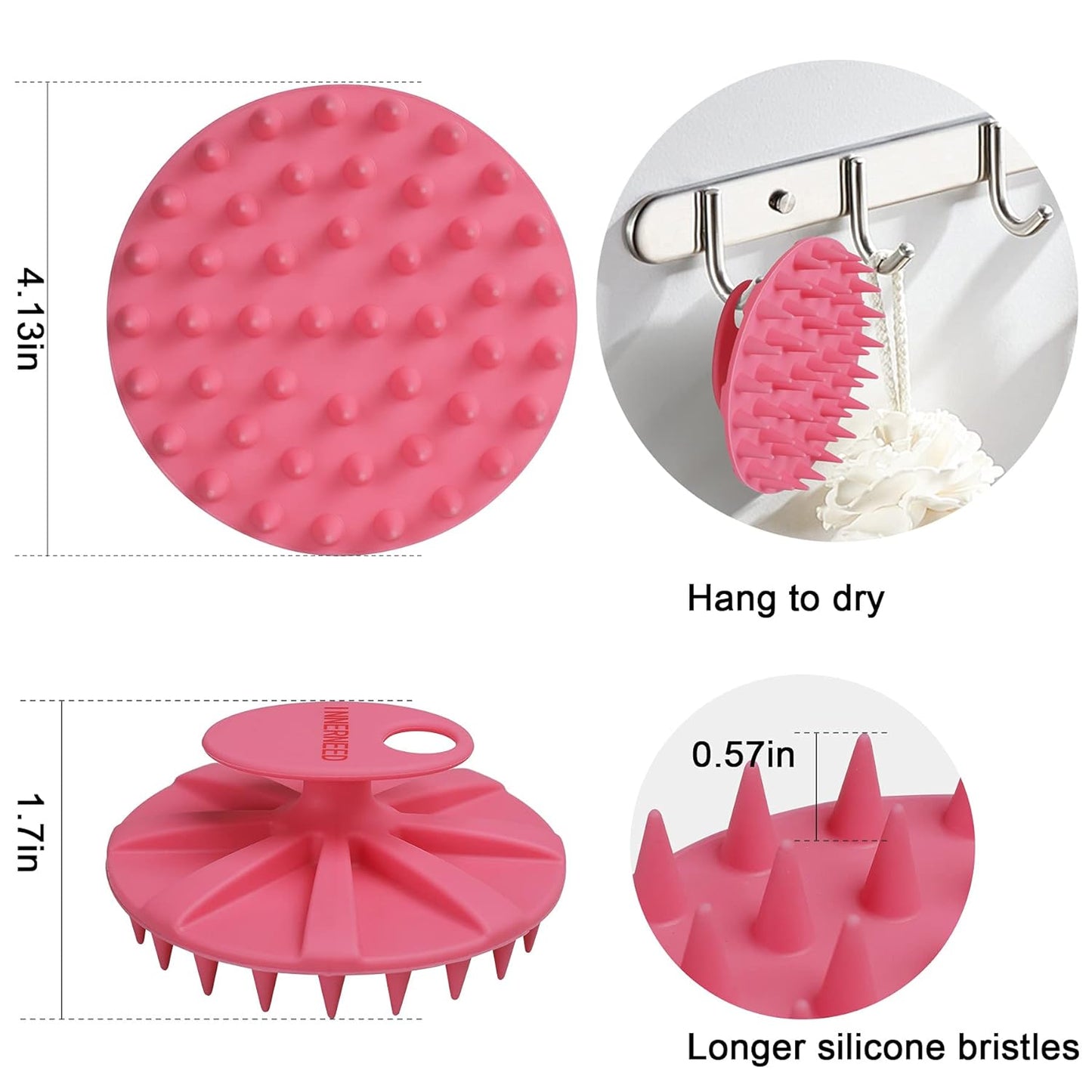 INNERNEED Scalp Massager Shampoo Brush, Wet & Dry Manual Scalp Care Head Scrubber Hair Washing, Soft Silicone Bristles, for Hair Growth, Dandruff Removal, Comfortable for All Hair Types (Pink)