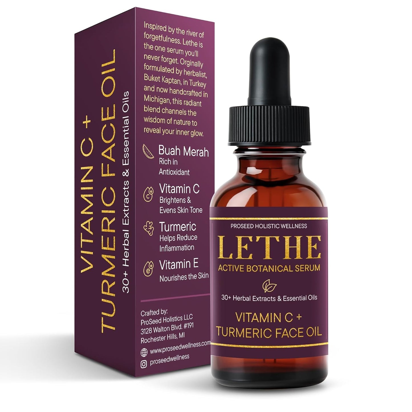 LETHE Vegan Botanical Face Serum – Vitamin C & 50 Natural Extracts & Essential Oils – Improves Skin Tone, Firmness & Smoothness – Natural Skincare for Dark Spots & Uneven Skin Tone – 1oz