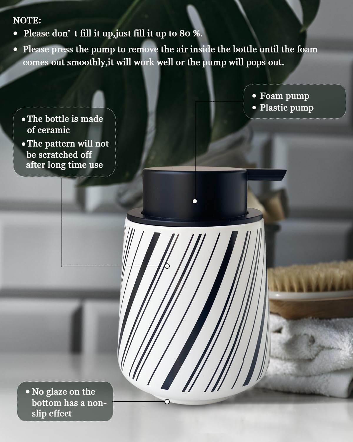 Chic Soap Dispenser Bathroom Ceramic Hand Foam Soap Dispenser for Bathroom Deco 12 Ounce Refillable Liquid Dispenser for Kitchen (White)