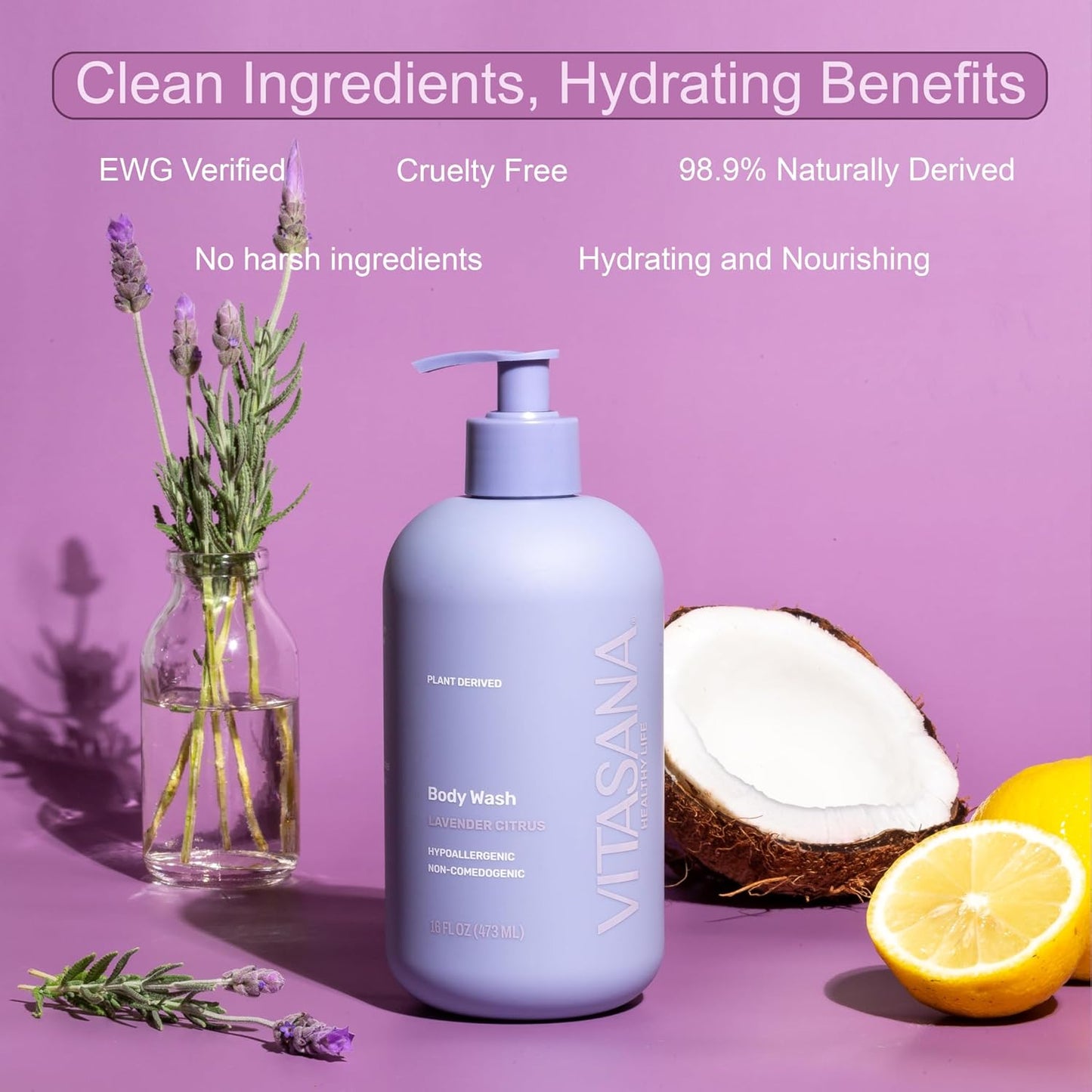 Natural Body Wash for Sensitive Skin, 16oz – Lavender Citrus Scent, Plant-Based, EWG Verified, Hypoallergenic, Paraben-Free, Sulfate-Free, Cruelty-Free