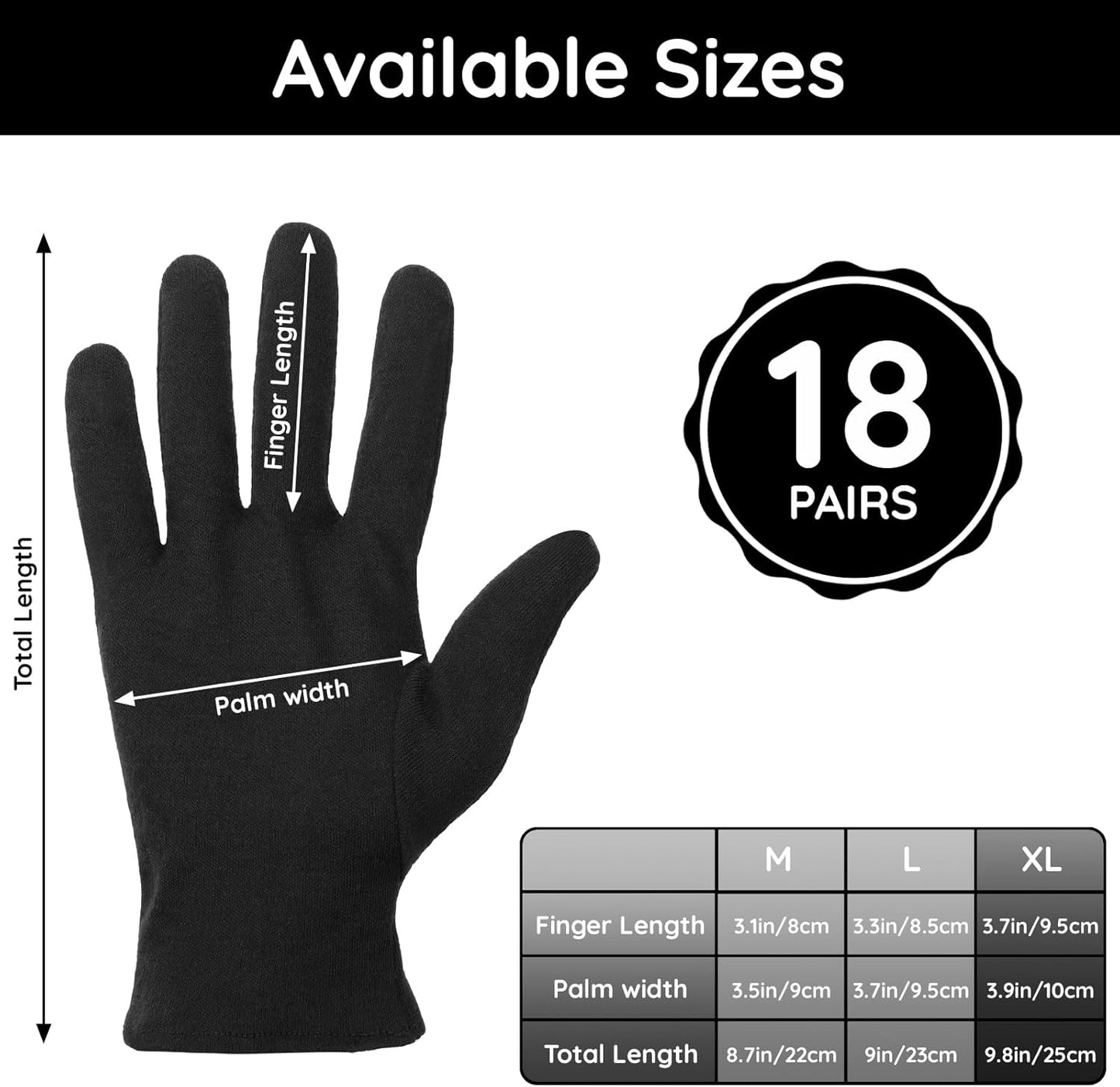 Segbeauty 36 Counts Black Cotton Gloves Work, 18 Pairs Lotion Moisturizing Cotton Gloves for Dry Hands Overnight for Driving Typing Handling Art, Sleep Glove Soft Reusable Gel Glove Bulk Extra Large