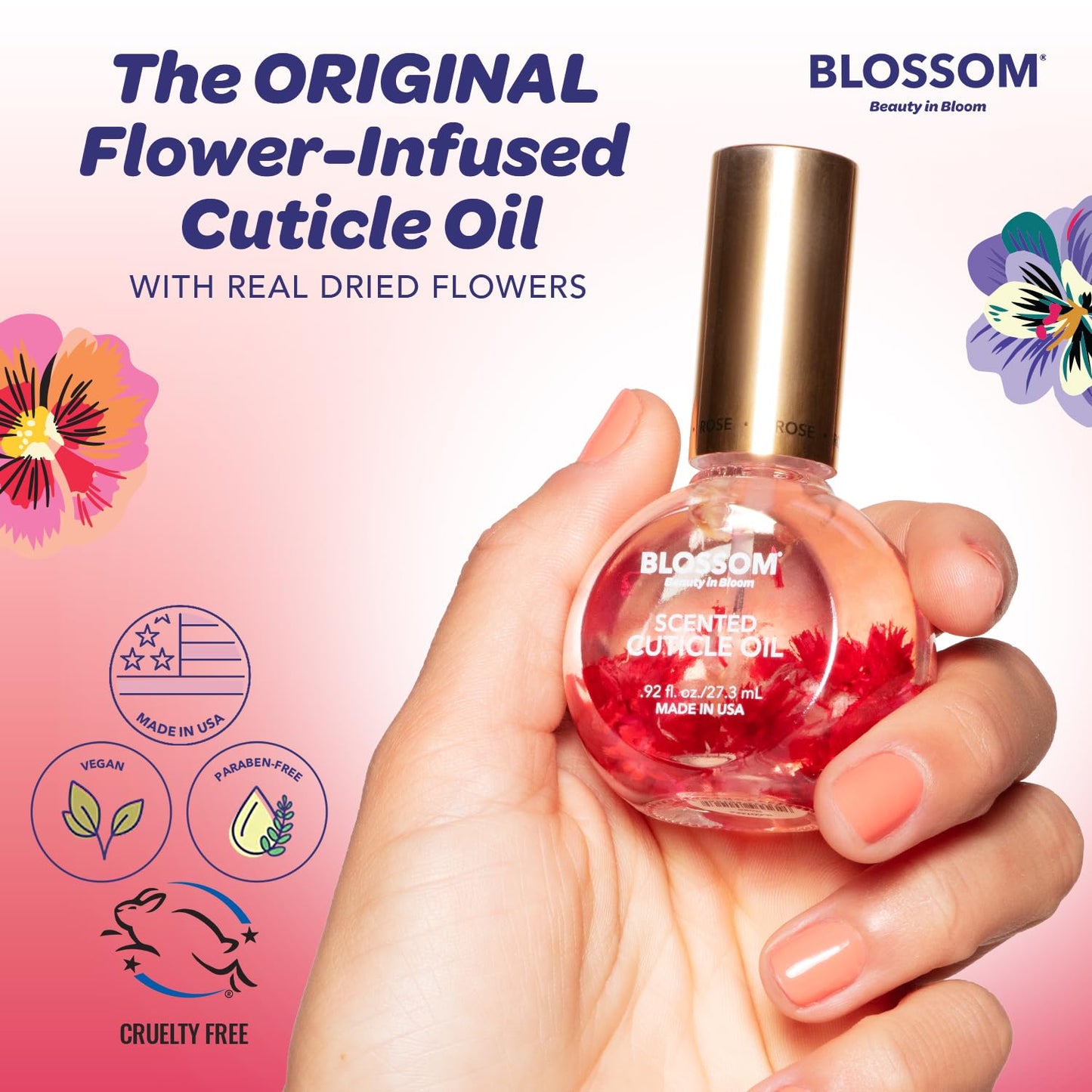 Blossom Cuticle Oil for Nails, Hydrating, Moisturizing, Scented Nail Oil Cuticle Care, Infused with Real Flowers, Made in USA, 0.92 fl. oz, Raspberry