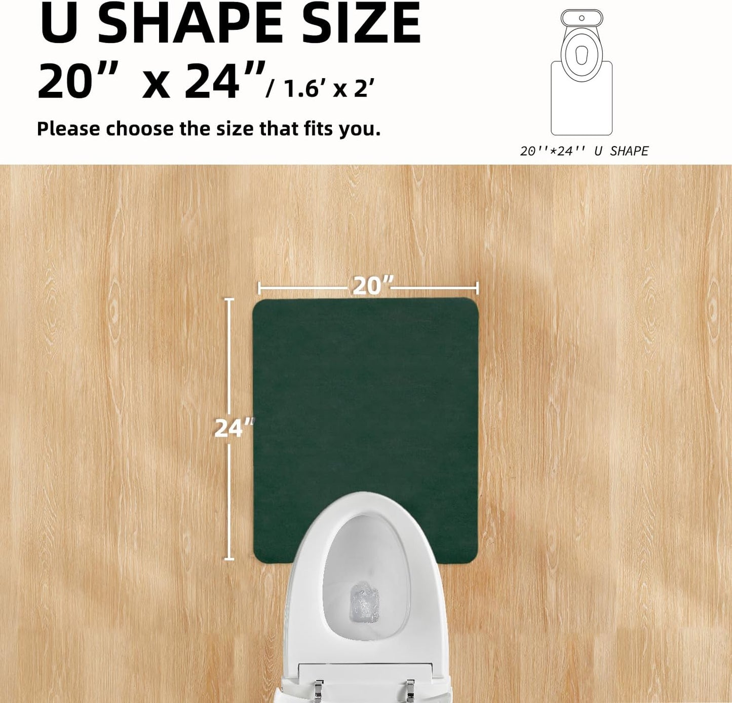 Toilet Rug, Thin Toilet Rugs U Shaped Washable Non Slip Absorbent Quick Dry Low Pile Toilet Mat, 20"x24" U Shape Dark Green