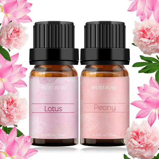 BURIBURI Lotus Essential Oil and Peony Essential Oils Gifts Set 2Pack, 100% Pure Natrual Flower Diffuser Oil for Massage, Soap Making, Skin Care, Soap/Candles Making