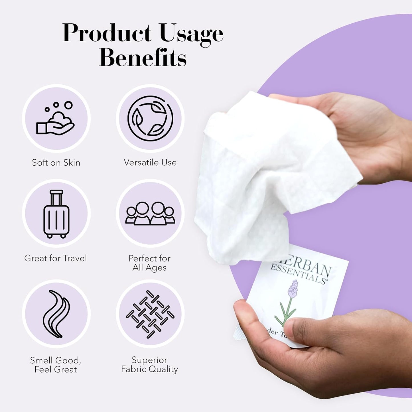 Herban Essentials - Lavender Wipes & Towelettes - Essential Oil Wipes for Make Up, Hands, Face & Body - Travel Size Essentials and Toiletries - Natural, Individually Wrapped and Disposable - 7 Count
