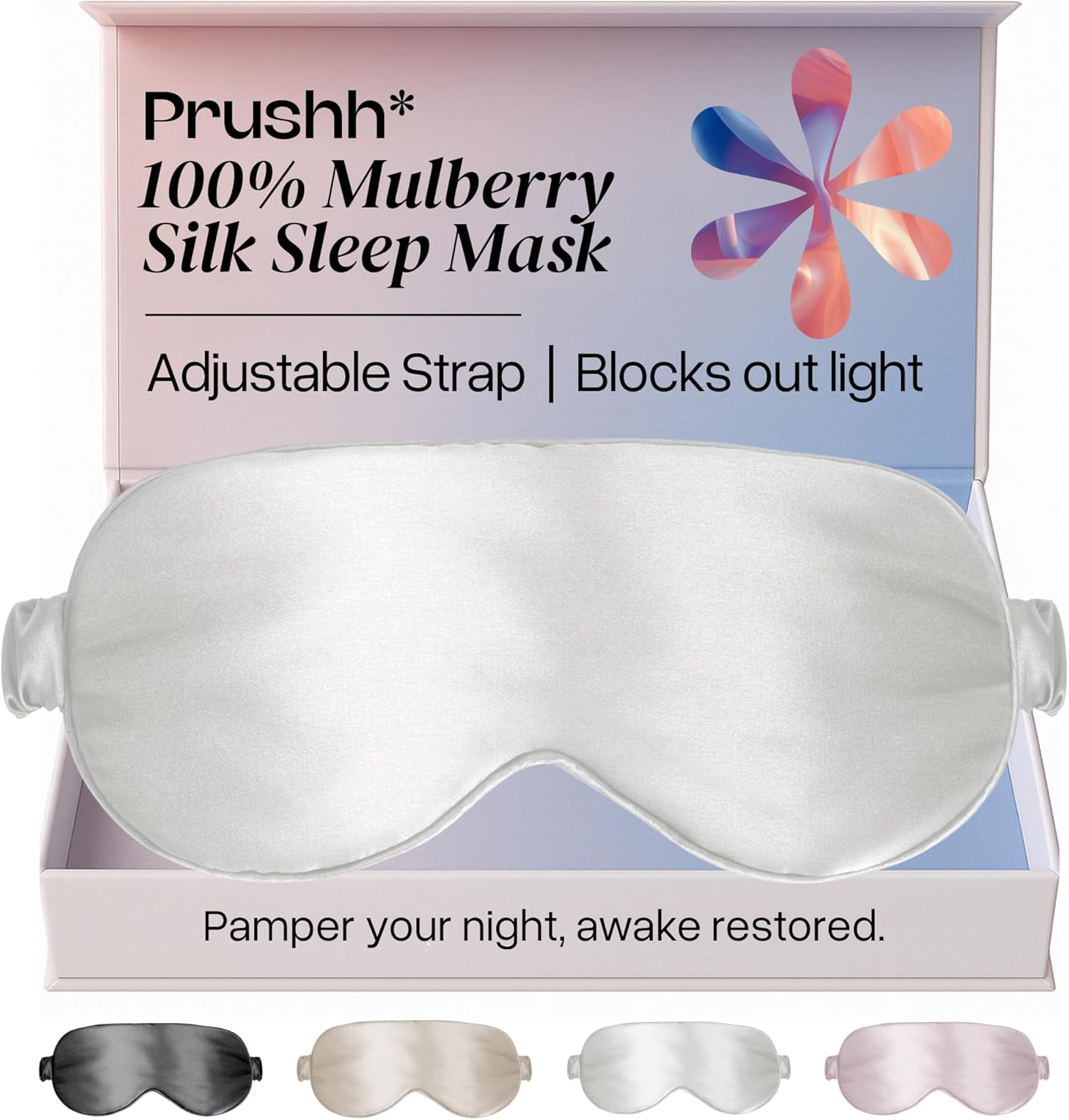 Adjustable Silk Sleep Mask Eye Covers | 100% Pure 6A Mulberry Silk | Blackout & Hypoallergenic | Concealed Strap for Women & Men | for Sleeping & Travel (Ivory White)