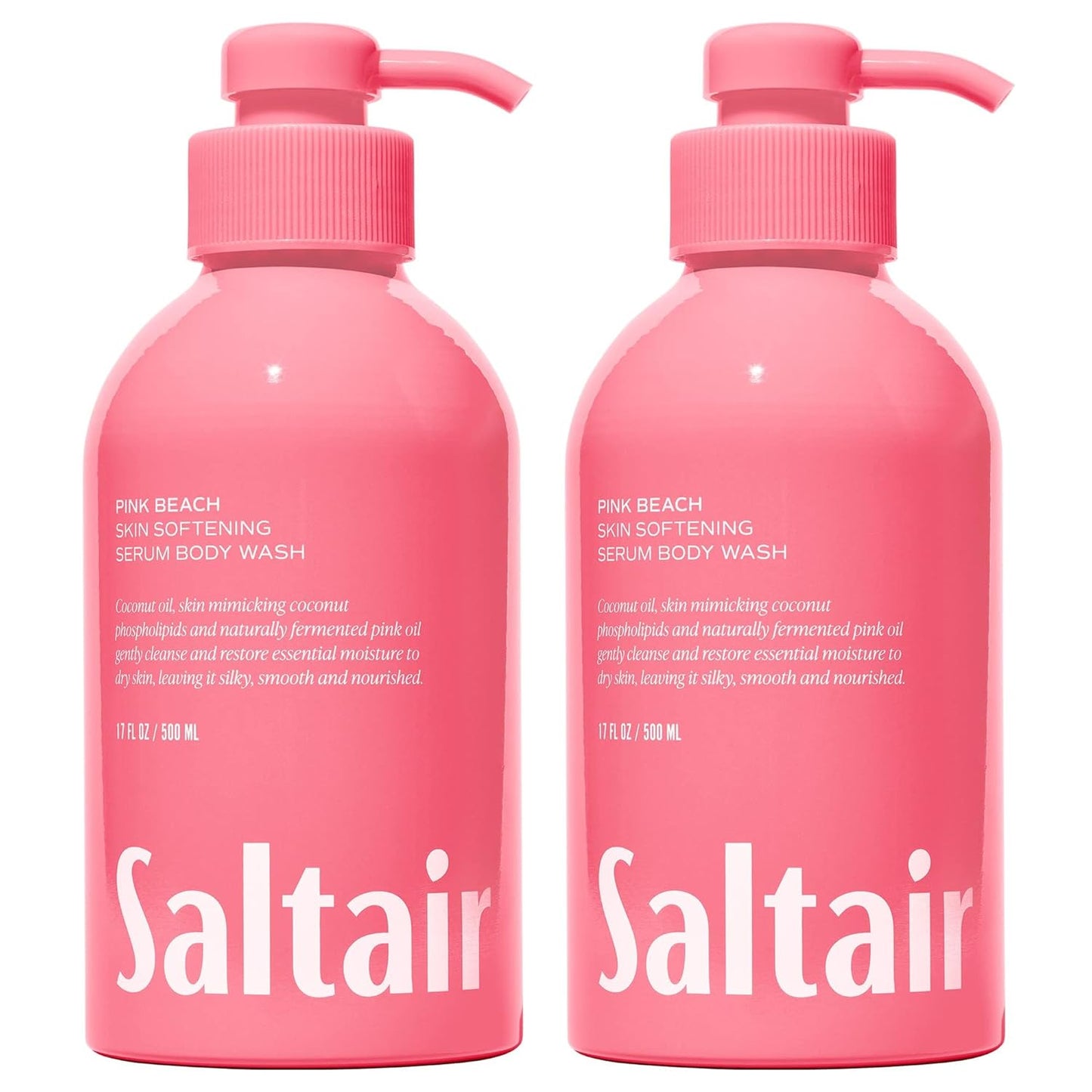 Saltair Body Wash, Pink Beach 2-Pack. Moisturizing Body Cleanser with Monoi Oil and Cupuacu Butter. Luxury Shower Gel for Women and Men. Vegan, Cruelty-Free, Paraben-Free. 2x 17oz Pump Bottles