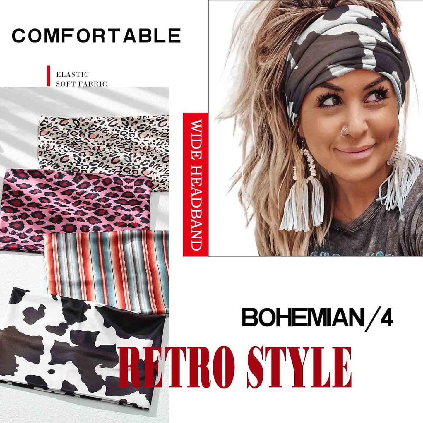 Olbye Boho Wide Turban Elastic Nonslip Headbands for Women Girls - Workout, Yoga, Running, Sweatband, African Bohemian Hair Wraps & Fashion Accessories (H- Leopard)