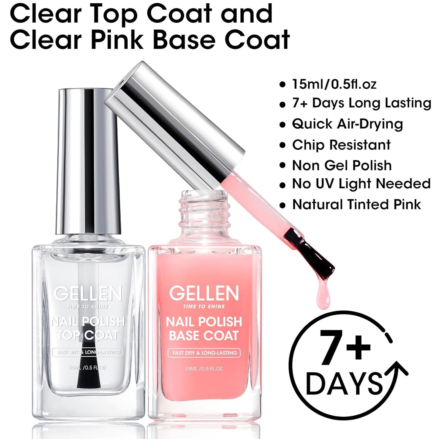 GELLEN Clear Nail Polish Base Top Coat, Sheer Pink Tinted Base Coat & Shine No Wipe Top Coat for Strengthening Thin Damaged Natural Nails, Quick Dry Regular Nail Polish No UV Gel, Hema Free, Non-toxic