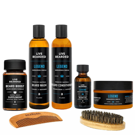 Live Bearded Total Beardsman Kit - Complete Beard Growth Kit for Men - Beard Oil, Butter, Wash, Conditioner, Vitamins, Comb, Brush | Legend - Sandalwood, Vanilla