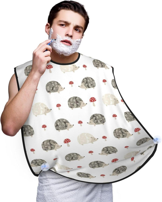 Adjustable Non-Stick Beard Apron, Hair Catcher Cape for Shaving Grooming, Waterproof with Suction Cups Men, Red Mushrooms Autumn Hedgehogs Shave Bib