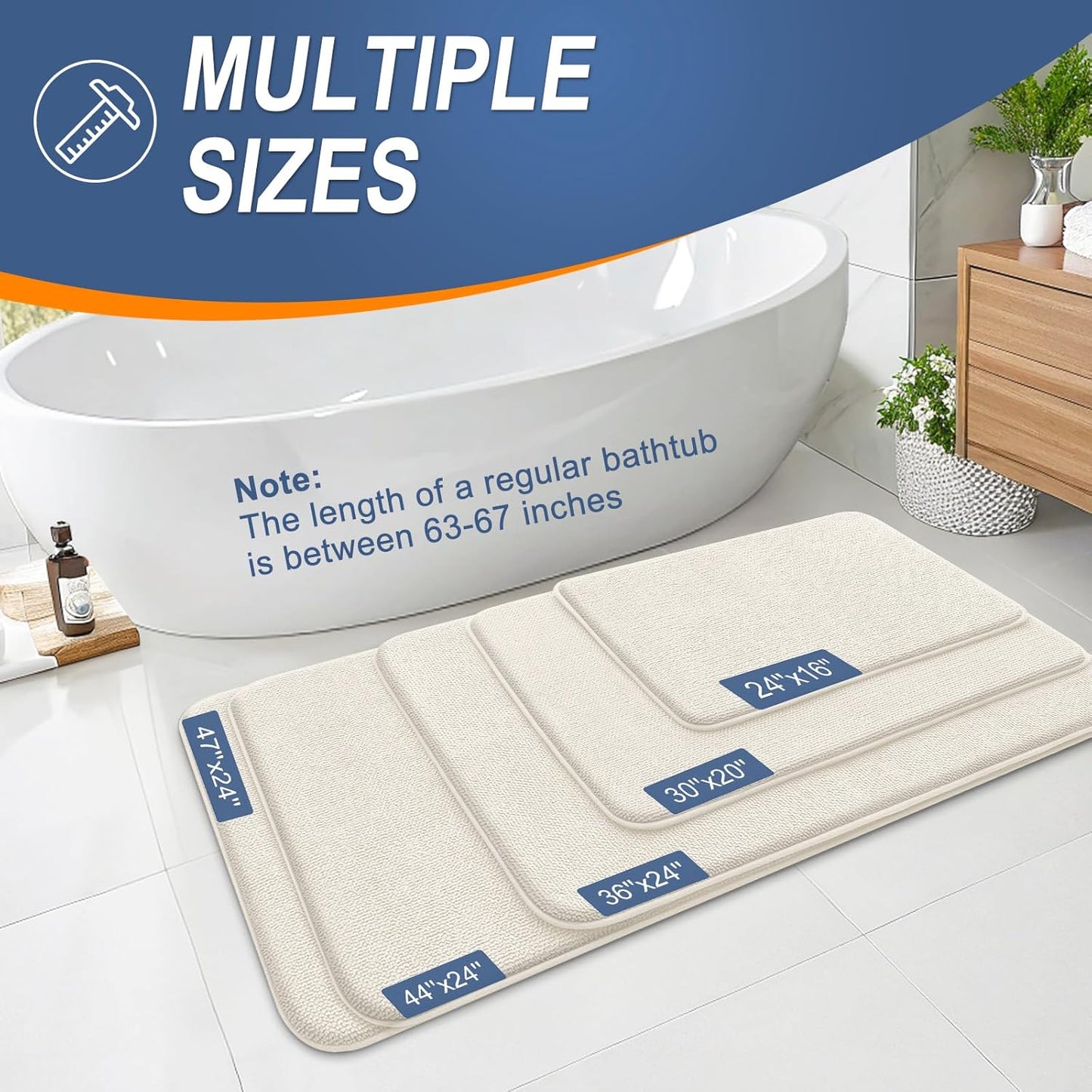 OLANLY Thick Memory Foam Bath Mat Rug 47x20, Extra Soft Absorbent Bathroom Rug, Quick Dry Bath Mats, Non-Slip, Machine Washable Carpet for Bathroom, Tub and Shower, Home Decor Accessories, Ivory
