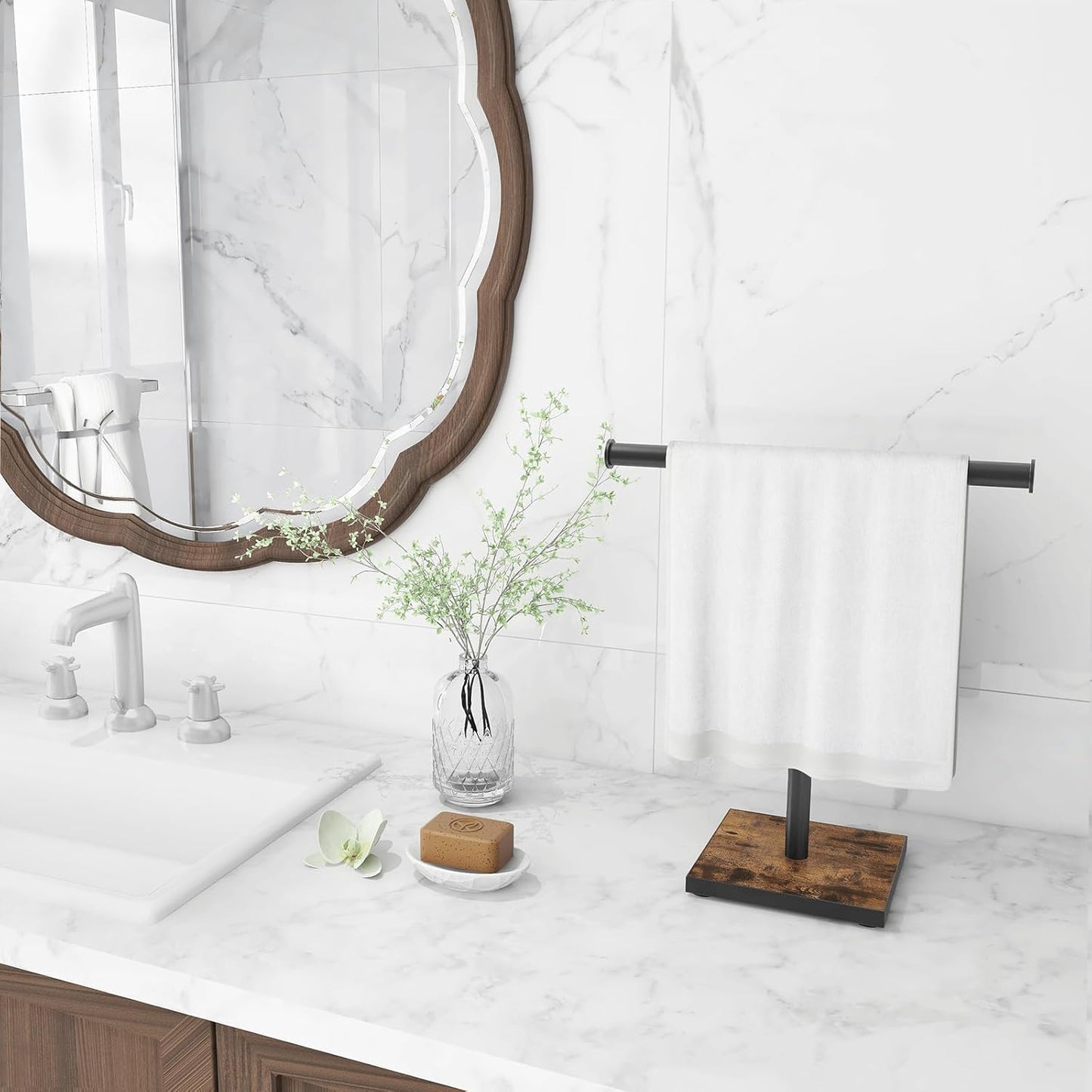 Hand Towel Holder Stand, Bathroom Hand Towel Rack with Weighted Base, T-Shape Standing Towel Racks, Farmhouse Countertop Towel Stand for Kitchen Counter, Rustic Black Brown