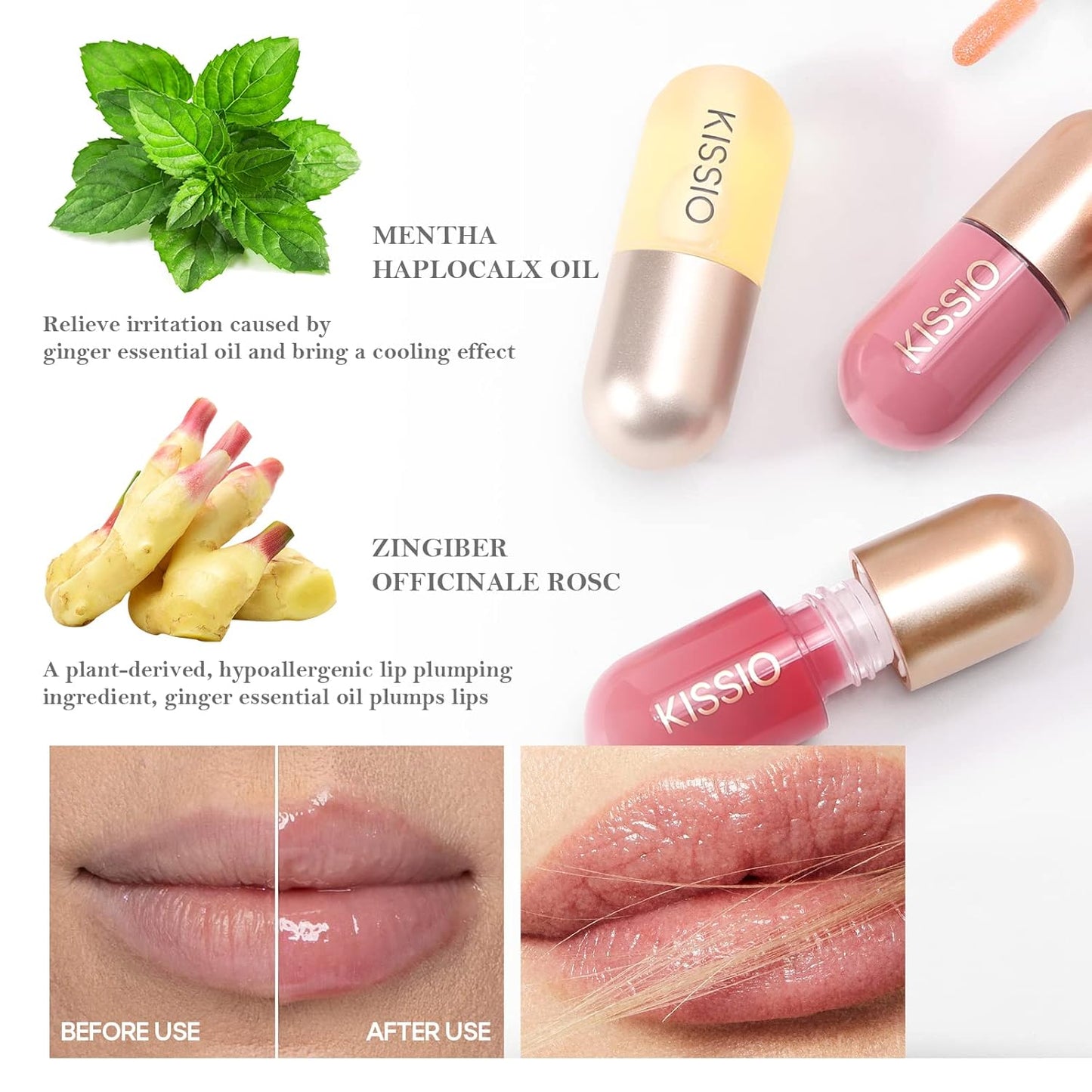 KISSIO Lip Plumper,Color Lip Plumper Gloss,Shimmer,Plant Extracts Plumping Lips Serum,Moisturizing Gloss for Fuller Lips and Hydrated,5.5ml,01 Lemonade