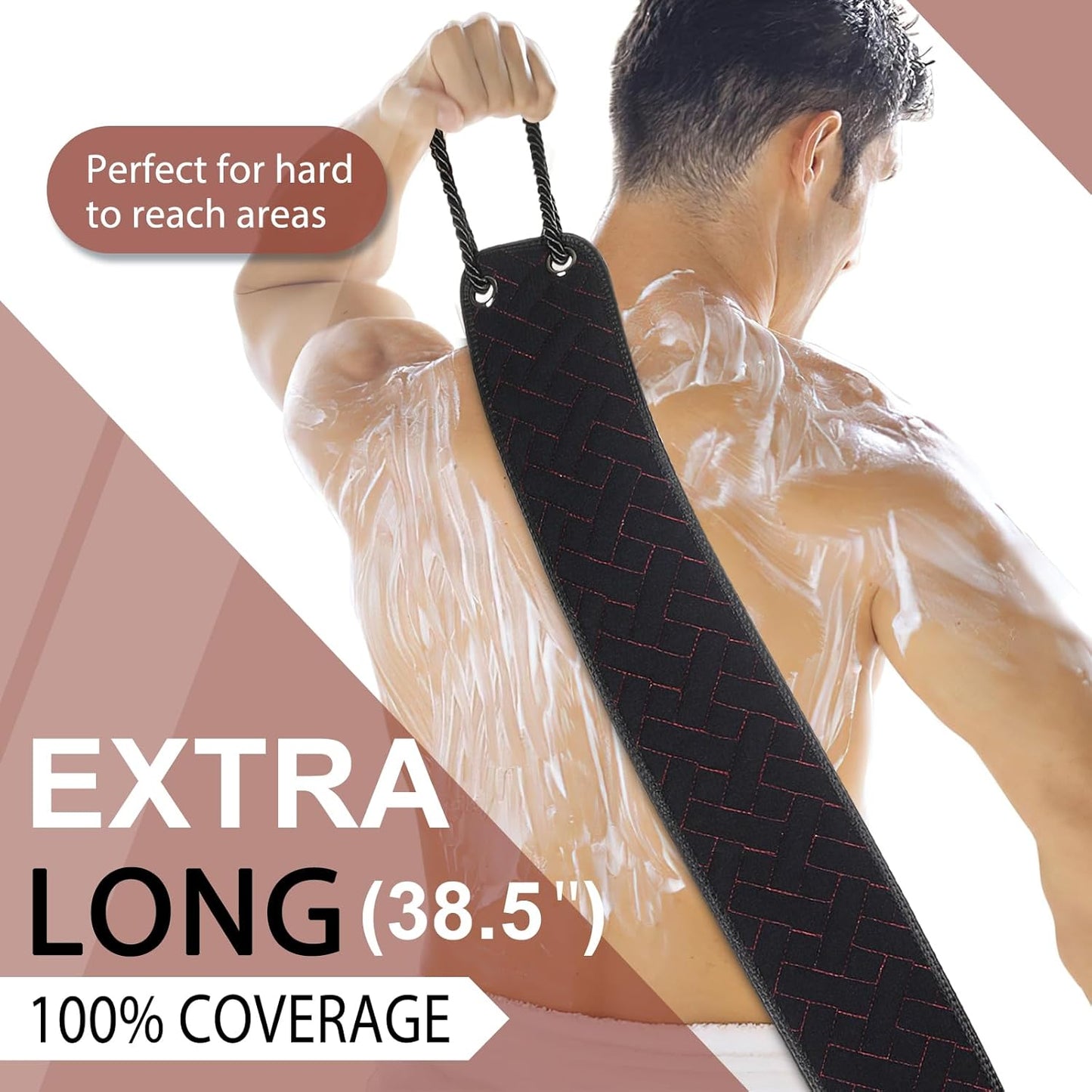 Exfoliating Back Scrubber with Upgraded Handles, 38.5 Inch Double-Sided Body Scrub Bath Exfoliator, Exfoliating Washcloth for Use in Shower, Back Washer to Deep Clean Your Skin for Men & Women (Black)