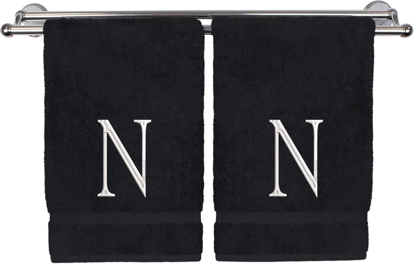 Monogrammed Hand Towel, Personalized Initial Gift, Extra Absorbent 100% Turkish Cotton - Soft Terry Finish - Set of 2 - White Block Initial N - Embroidered on Black Towels