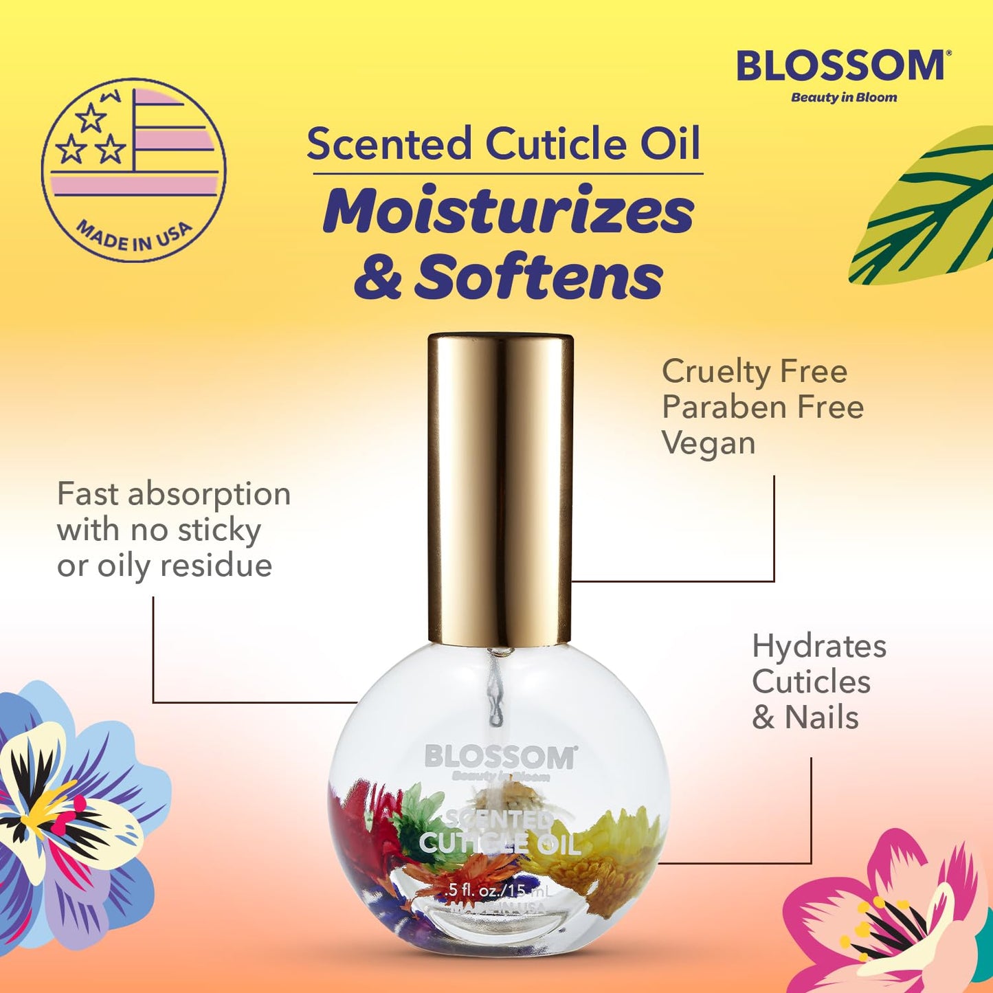 Blossom Cuticle Oil for Nails, Hydrating, Moisturizing, Scented Nail Oil Cuticle Care, Infused with Real Flowers, Made in USA, 0.5 fl. oz, Mandarin Orange