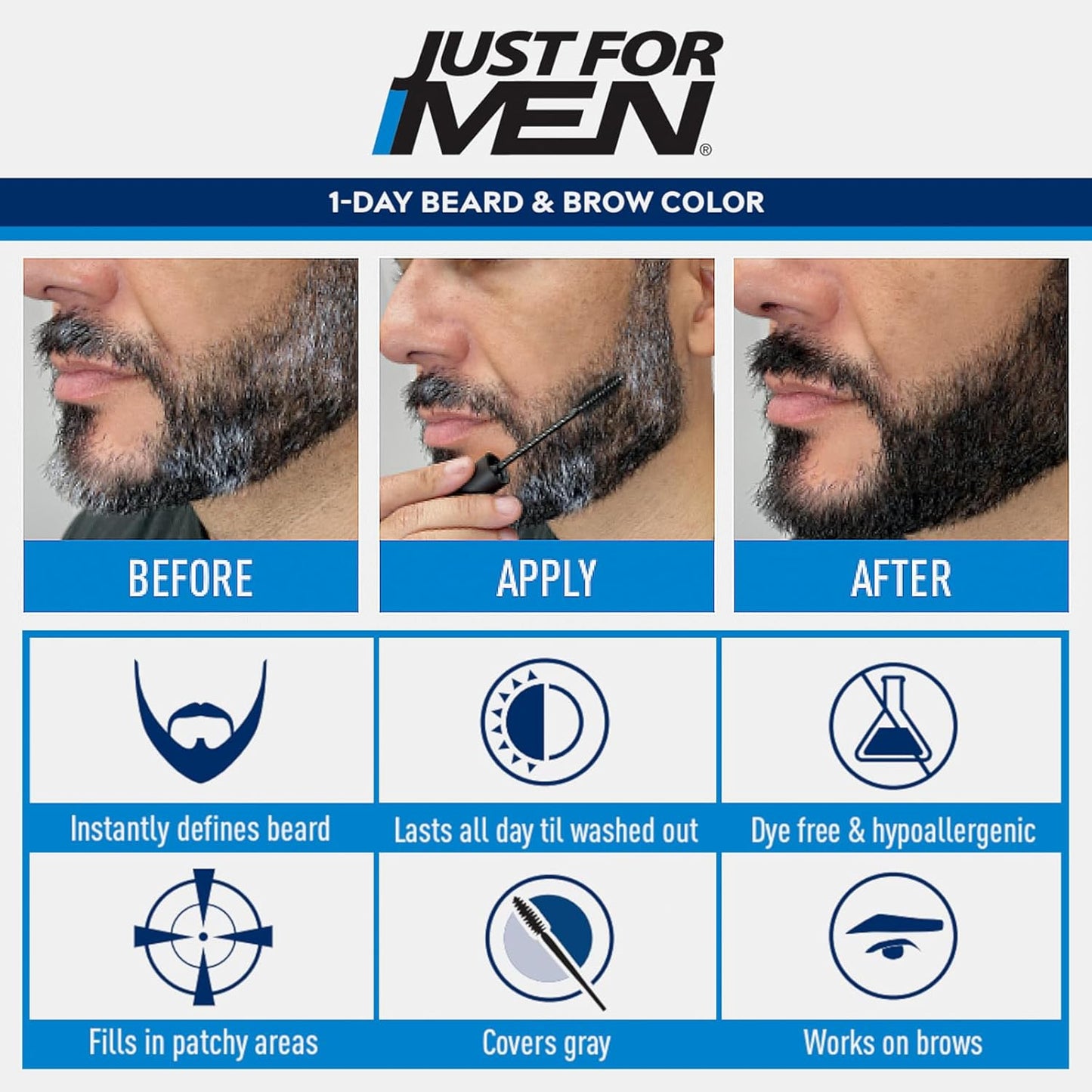 Just for Men 1-Day Beard & Brow Color, Temporary Color for Beard and Eyebrows, For a Fuller, Well-Defined Look, Up to 30 Applications, Dark Brown, Ships in Eco-Friendly Packaging (Pack of 3)