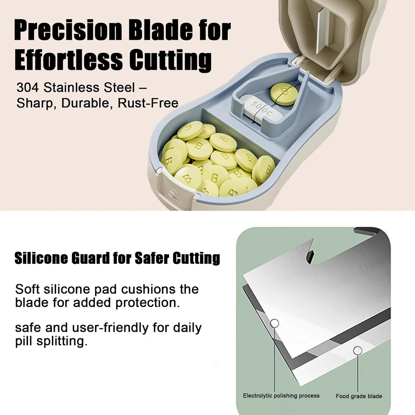 Pill Cutter Splitter for Small and Tiny Pills - Tablet Cutter with Centering Device, V-Slot, Storage and Cleaning Brush - Medicine Slicer for Accurate Cuts (White)