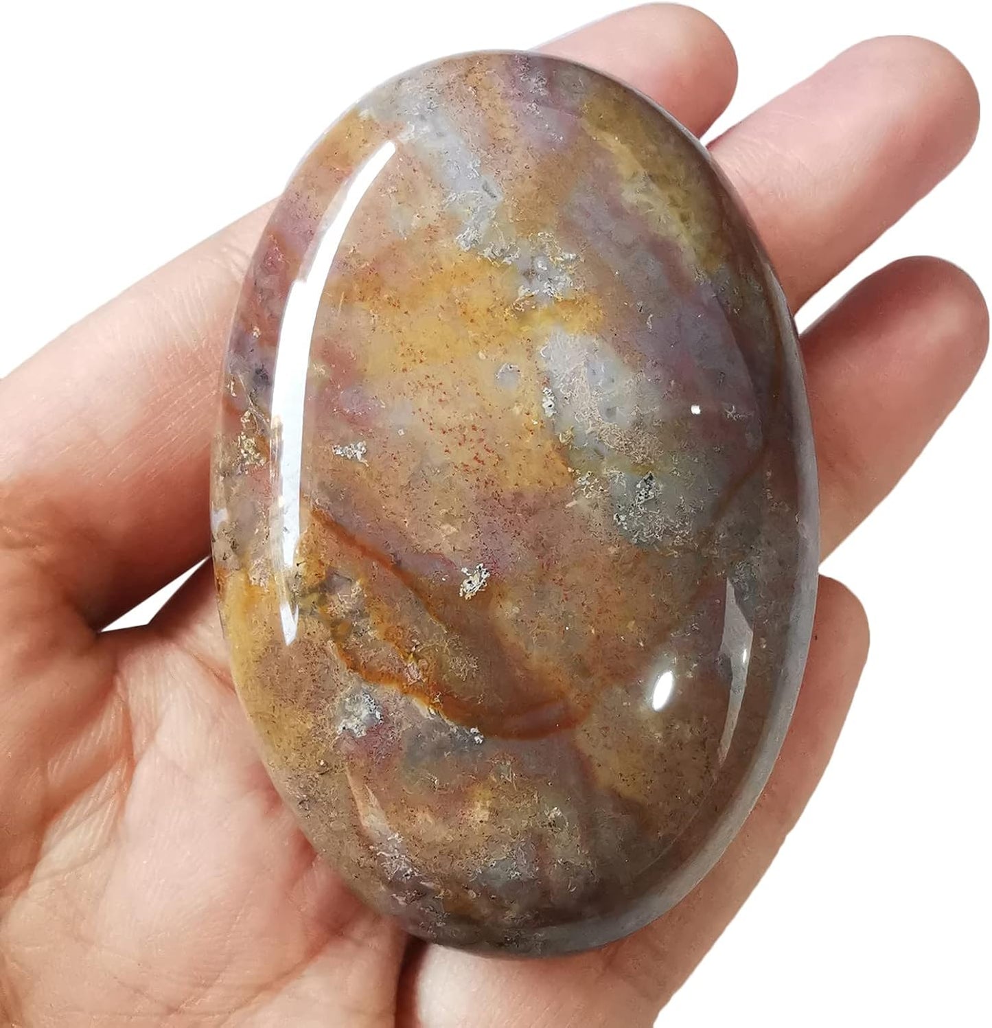 Natural India Agate Oval Polished Worry Stones, Healing Crystal Indoor Fountain Stones Massage Energy Anxiety Relief Items