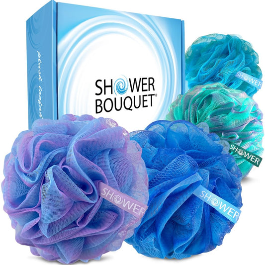 SHOWER BOUQUET Loofah Bath-Sponge XL Swirl-Deep-4-Pack // Extra Large 75g Soft Mesh Net Luffa Loofa Loufa Lufa Puff Set/Exfoliating Body Scrubber for Women and Men - Exfoliate & Soothe Face & Body