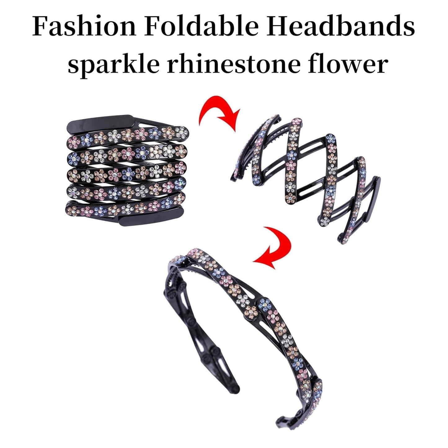 Sparkle Headbands with Foldable Design Glitter Rhinestone Flower Headband Non Slip Hairband with Teeth Bling Hair Hoop Hair Accessories for Women Girls with 6PCS
