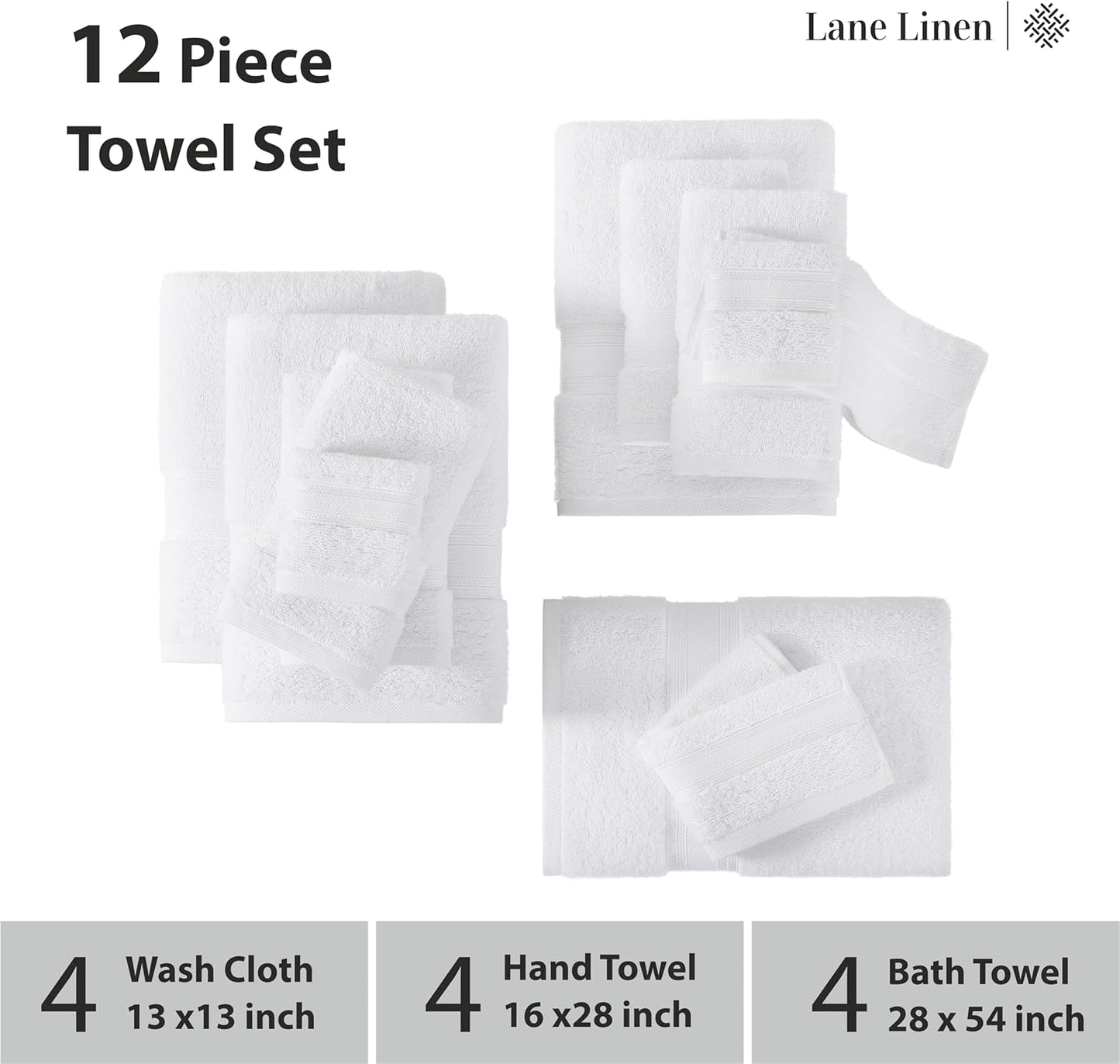 LANE LINEN Luxury Bath Towels Set - 12 Piece, 100% Cotton, Zero Twist, Super Soft & Absorbent, Includes 4 Bath Towels, 4 Hand Towels, 4 Washcloths - White
