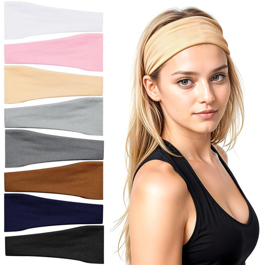 obeoby Headbands for Women, 8 Pack Wide Stretchy Headbands for Daily Use Sport Yoga Running, Stocking Stuffers for Women