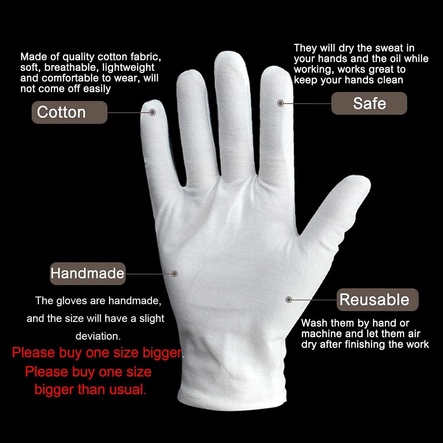 24pcs Soft Cotton Gloves for Dry Hands, Overnight Eczema Moisturizing Lotion Treatment Reusable Work Gloves for Coin Jewelry Silver Archival Costume Inspection (Medium, White)